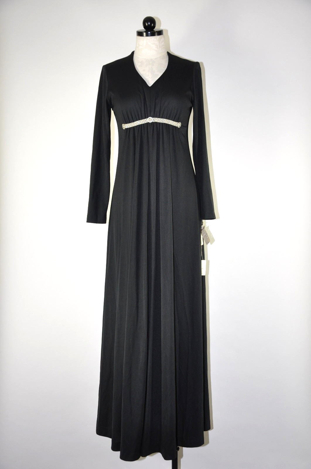 70s Vintage Black Jersey Rhinestone Empire Waist Long Maxi Dress Evening Gown S