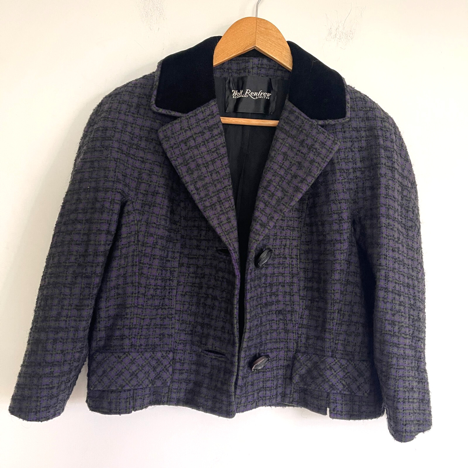 Vintage Holt Renfrew Women Blazer Jacket Size M Purple Tweed Button Close