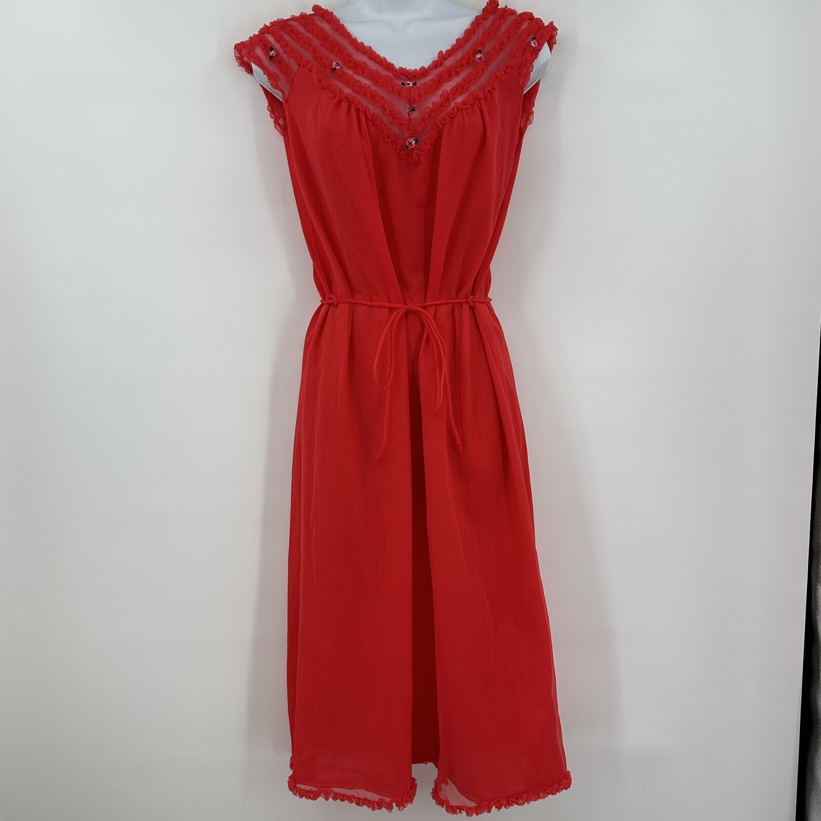 Vintage Chic Lingerie Women’s Red Ruffled Neck Line, Sheer Lined Nightgown, SZ M