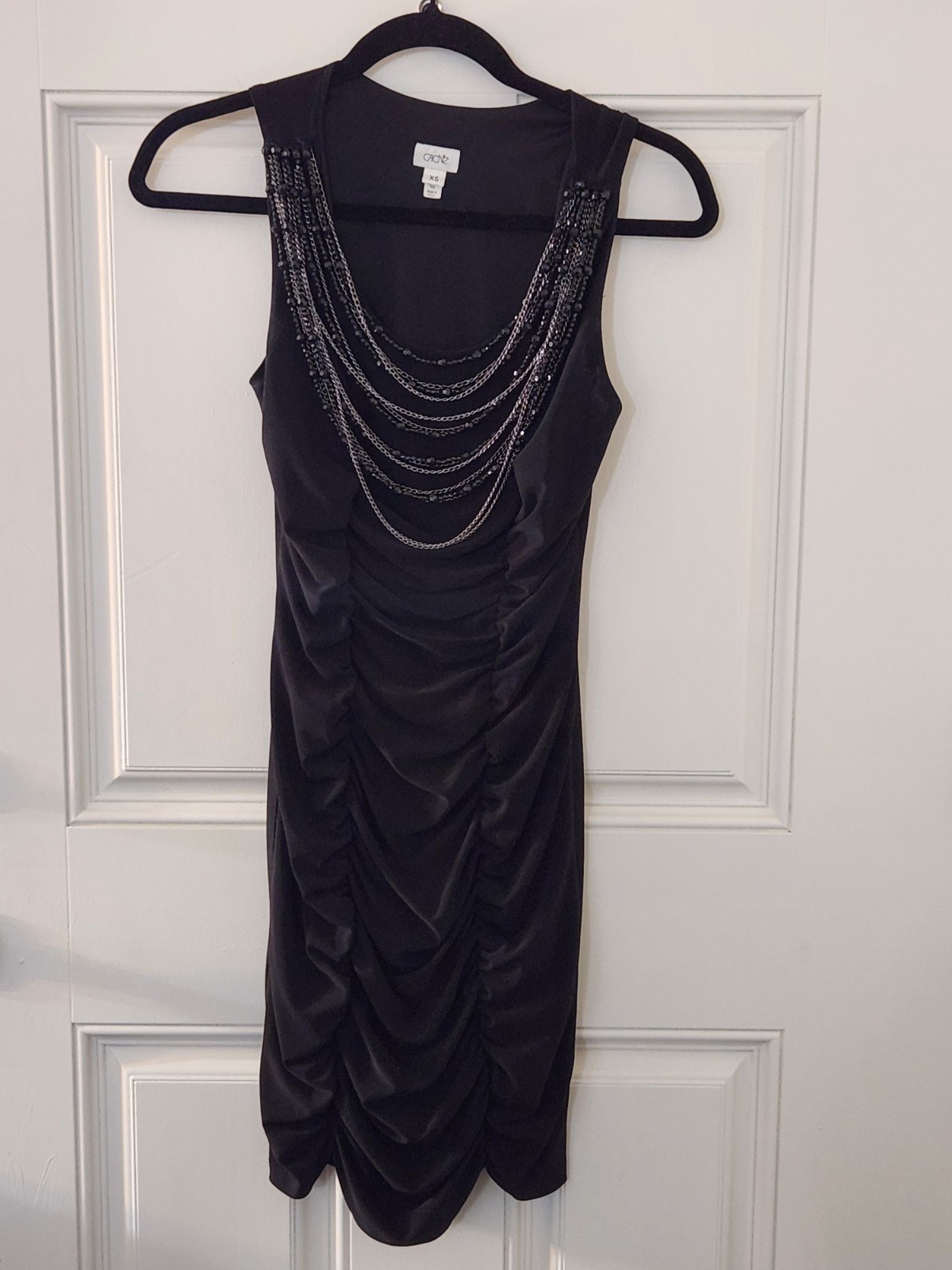 Vtg Cache XS Black Sleveless mini dress Bodycon Y2K 90s Beaded Chain Cocktail