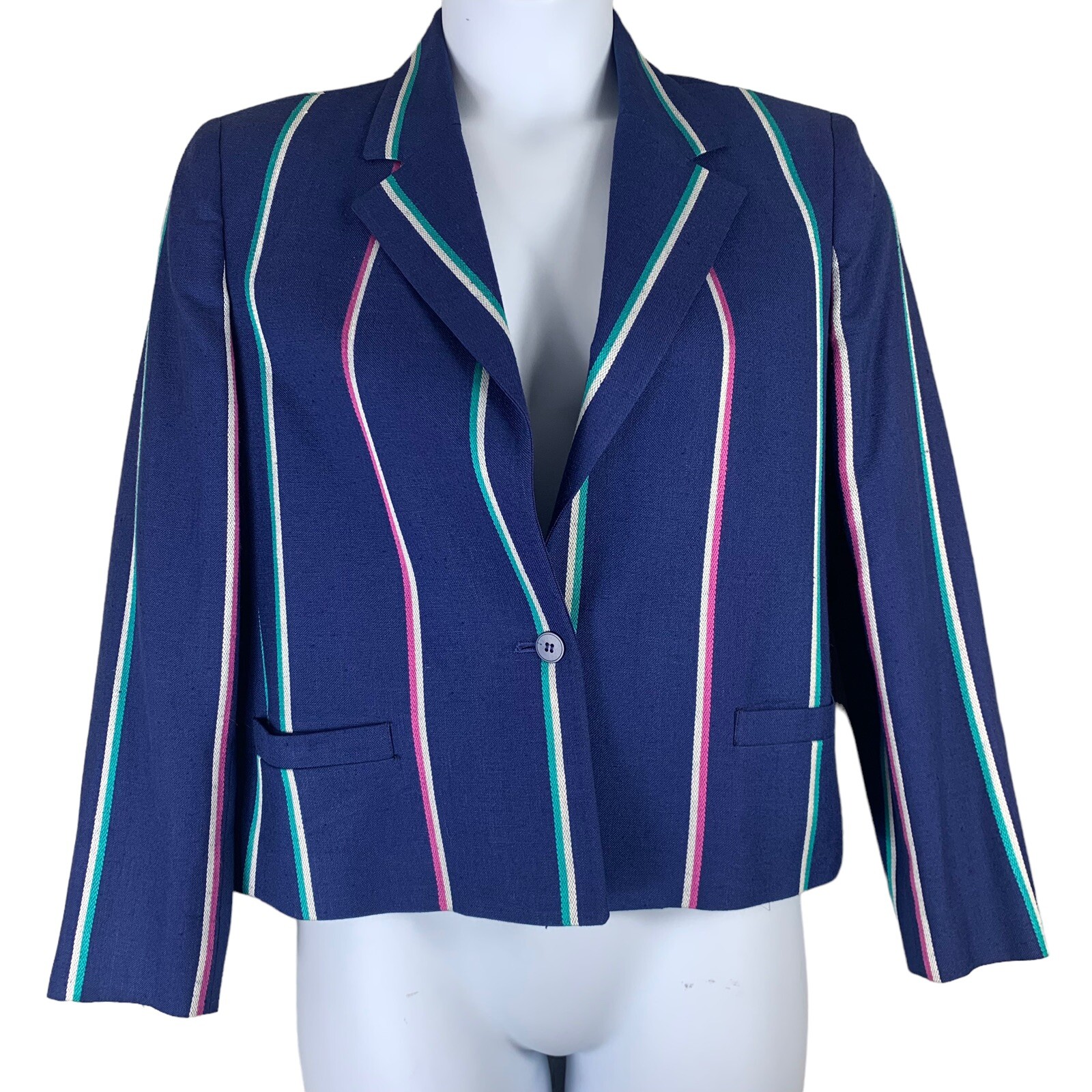 Vintage Blazer Size 12 John Meyer Striped Jacket Blue Collared Shoulder Pads