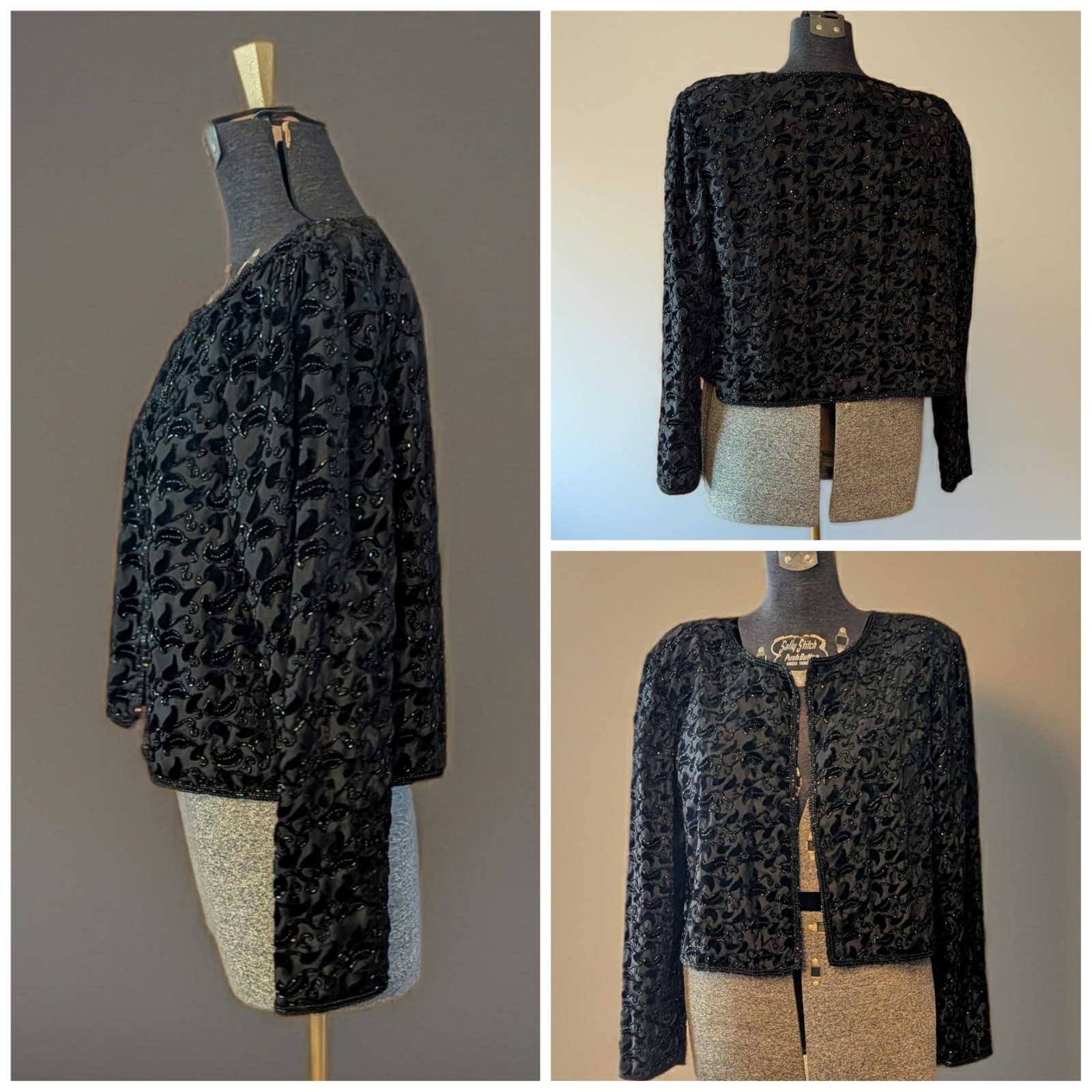 Vtg 80s Stenay Beaded Cropped Jacket M Fits L Black Devoré Paisley Open Evening