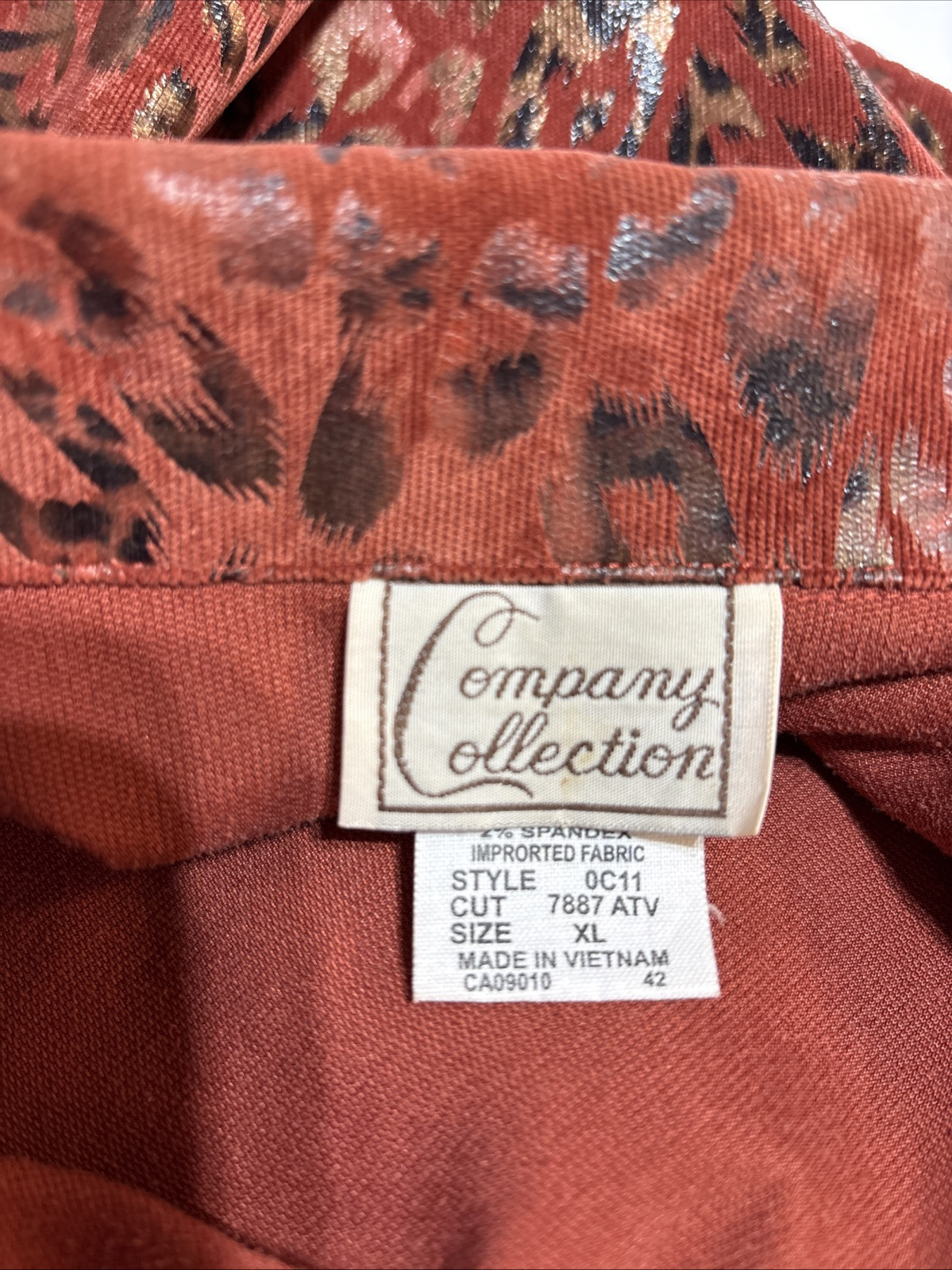 Company Collections Animal Print Top Womens Blouse Sz XL Rust Gold Black snap