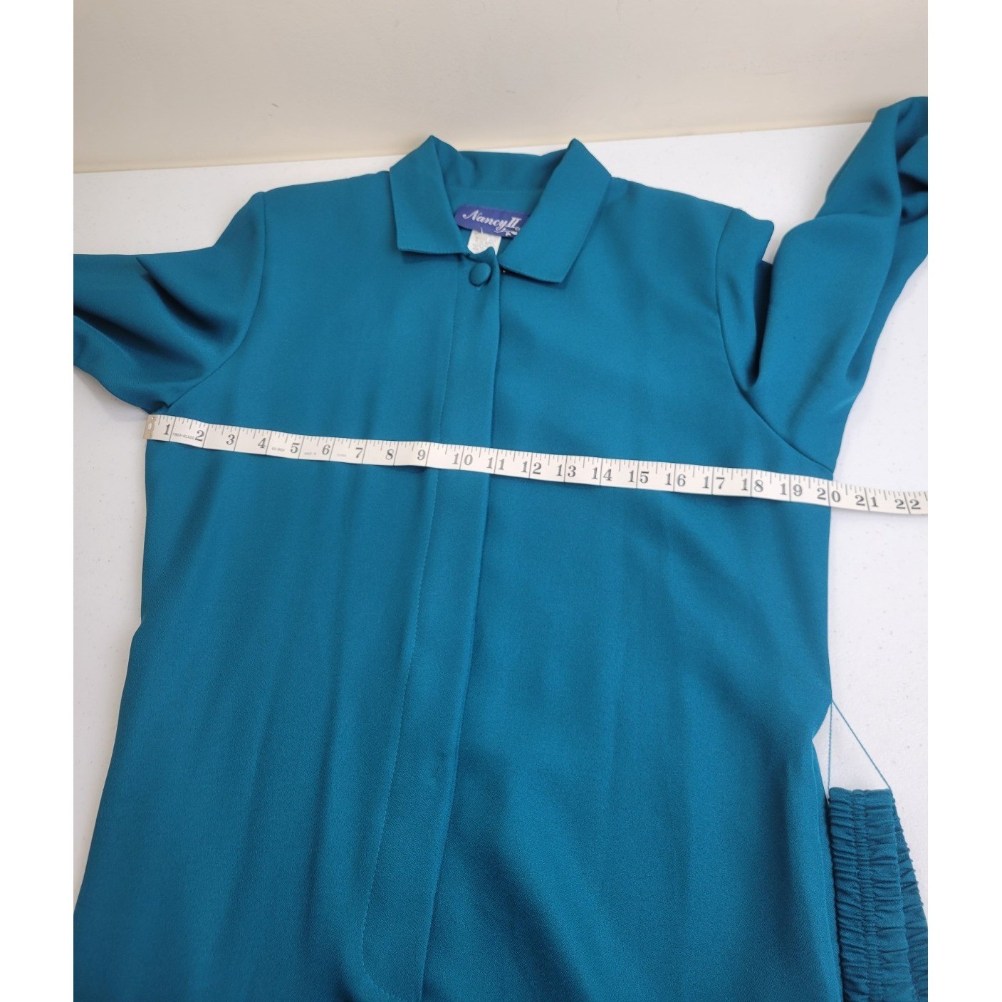 Vtg Nancy II Midi Dress 80s Minimalist Belted Long Sleeve Modest Teal Blue 10