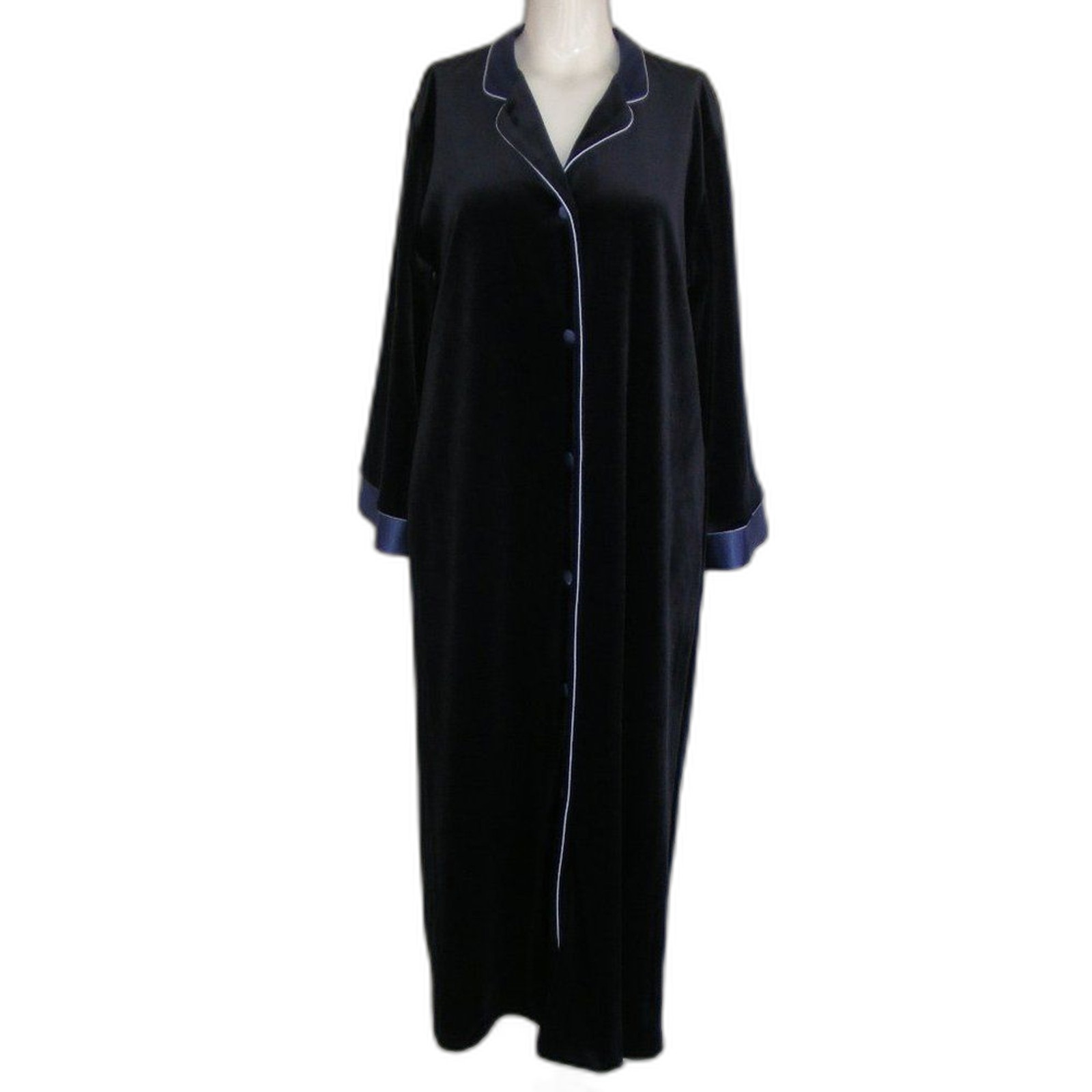HALSTON Robe, M, Dark Blue, Velour/Satin, Vintage, Long sleeve, button front,