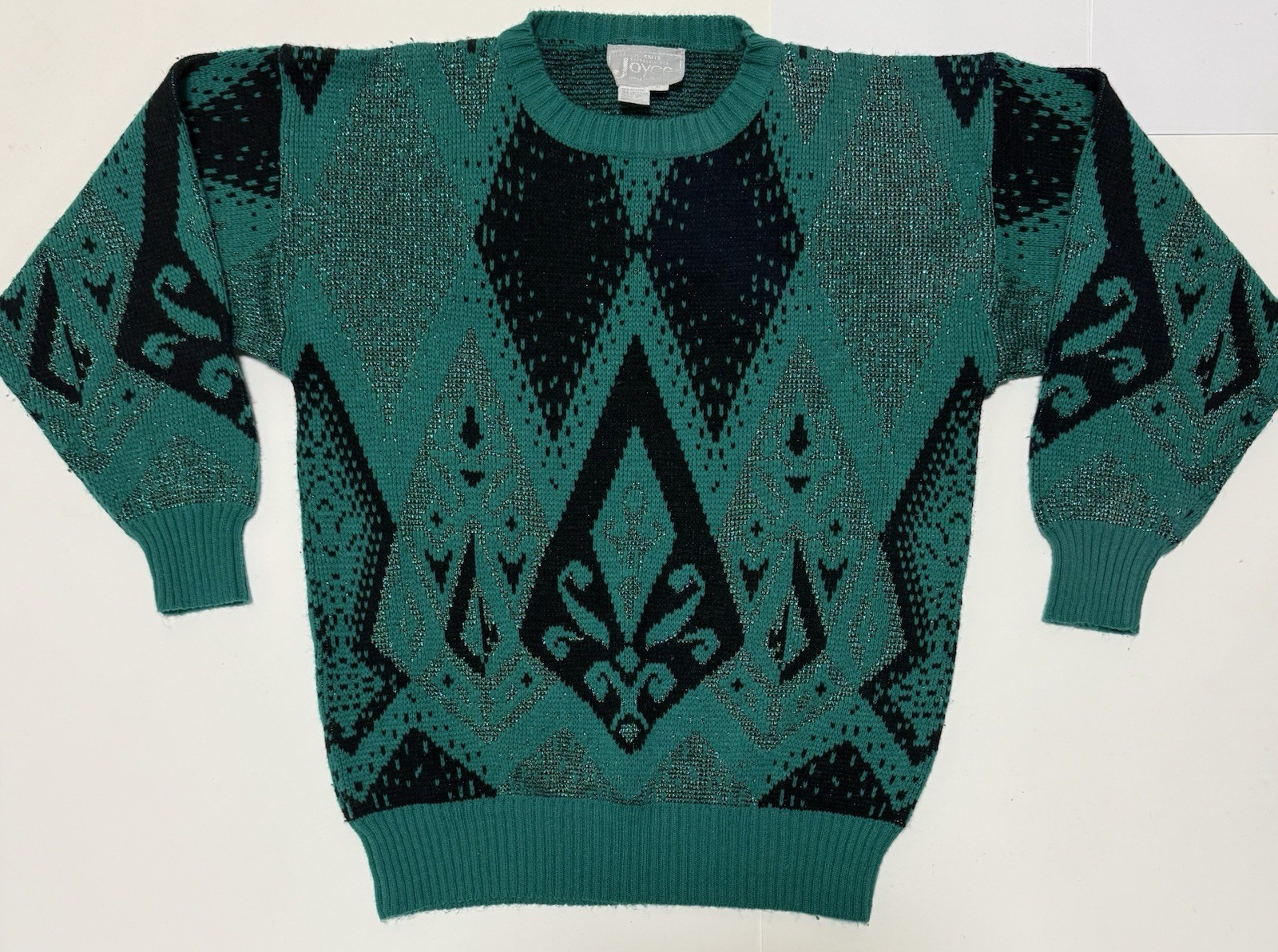 VTG Joyce Acrylic Knits Sweater Sz L Green Black Sparkle Clothing Geometric 80s