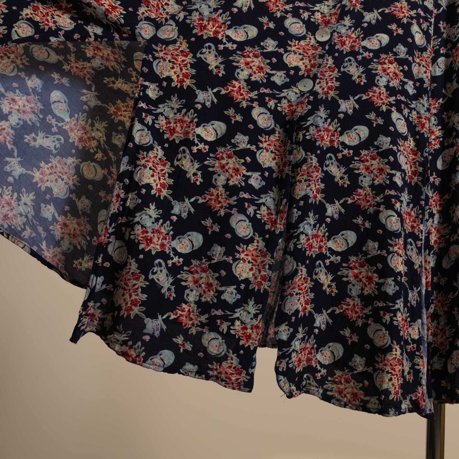 90s Vintage CDC Navy Floral Novelty Print Button Down Midi Dress Grunge 10