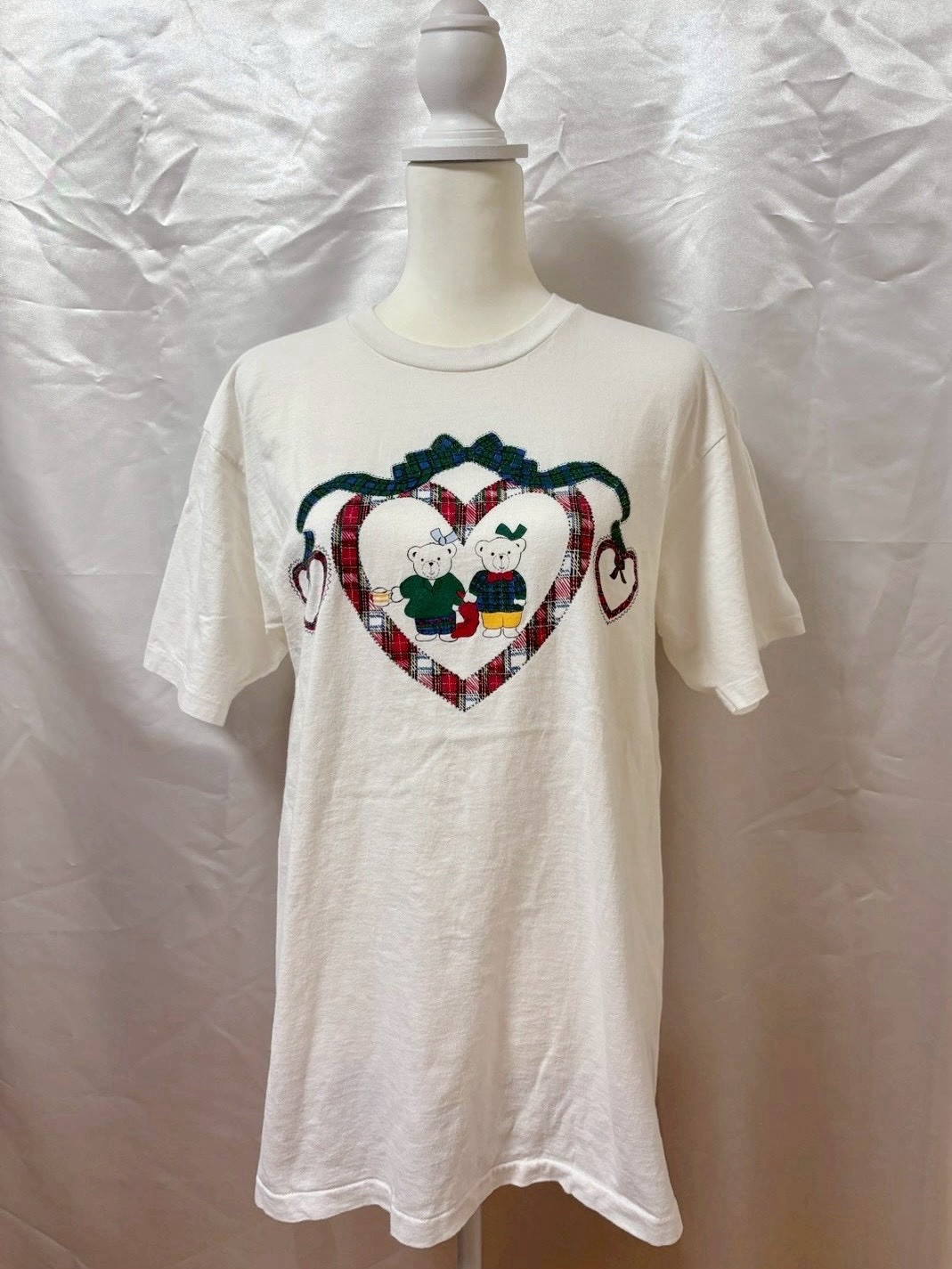 Vintage 1990s Teddy Bear Graphic T shirt Plaid Heart Made in USA SizeM Kawaii