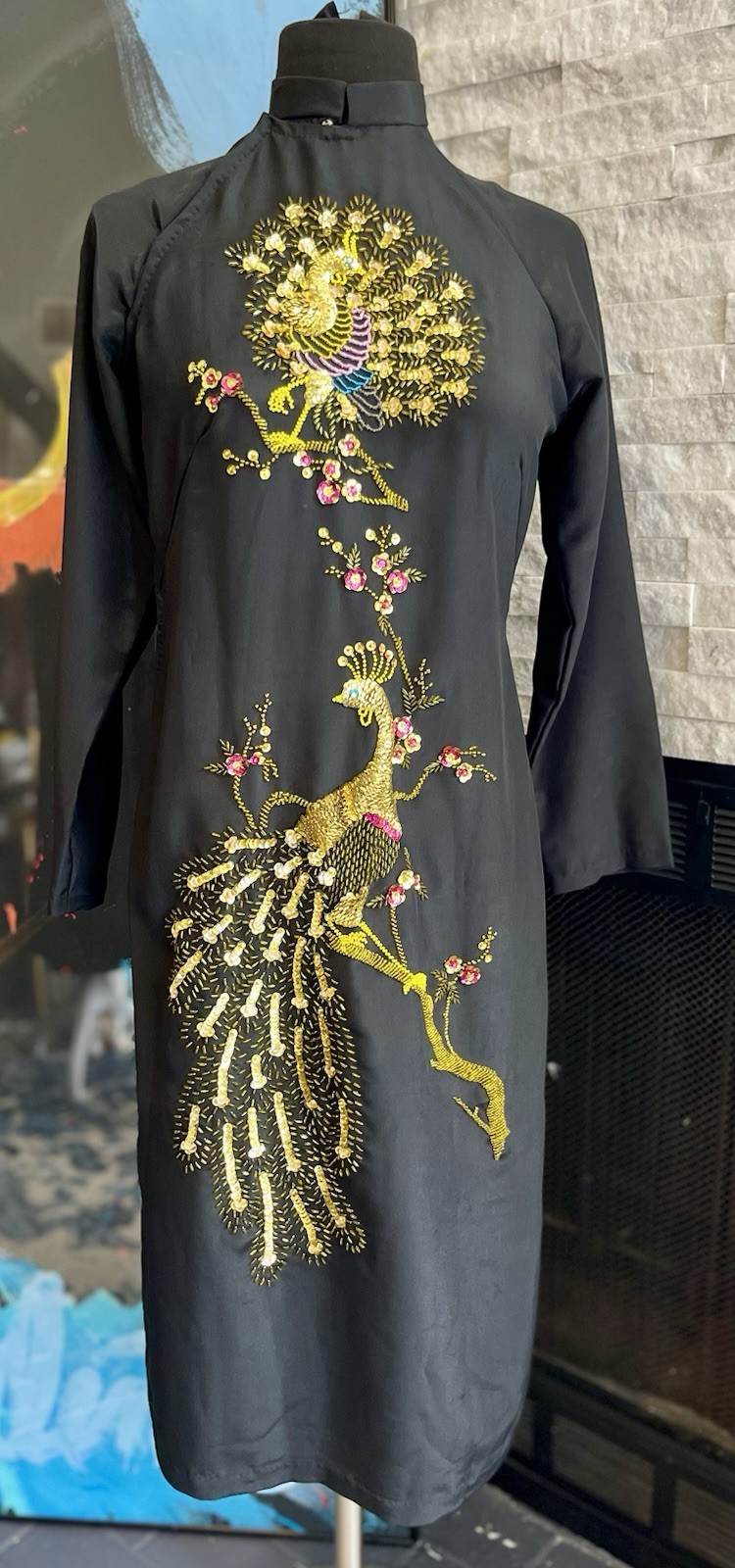 Vintage Tailored Cheongsam Black With Gold Sequin Peacocks Tailored By HOANG