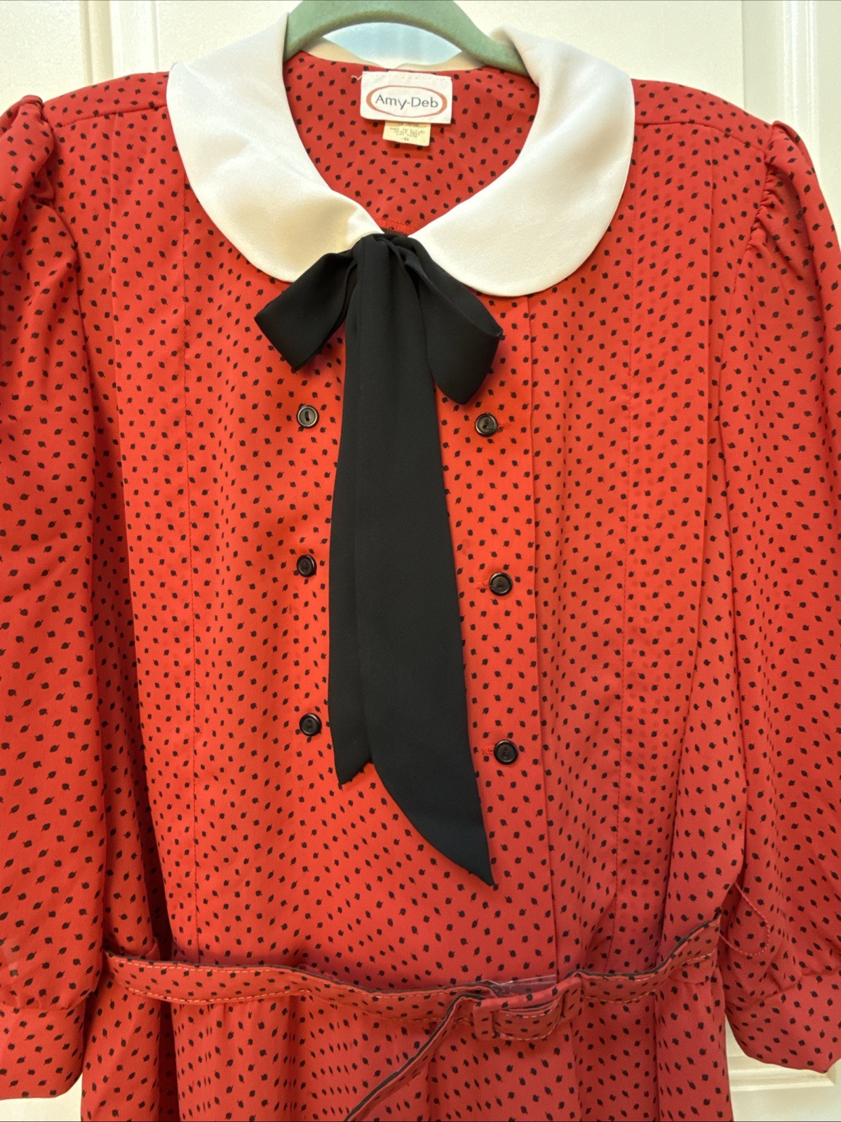 Amy-Deb Women’s Dress 14 Red Black Polka Dot White Collar Button Belt VTG Retro