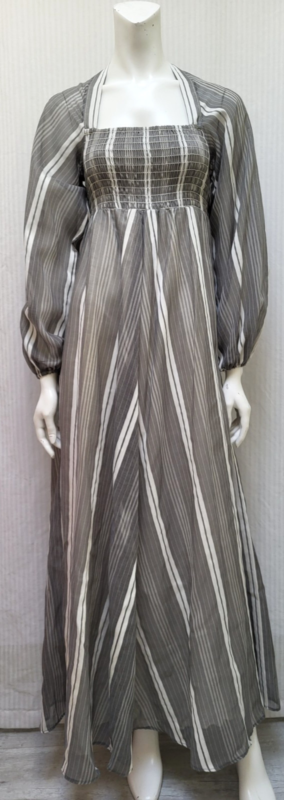 Vintage 1970’s MELISSA LANE Gray Stripe Maxi Dress with Smocking – Size XS/S
