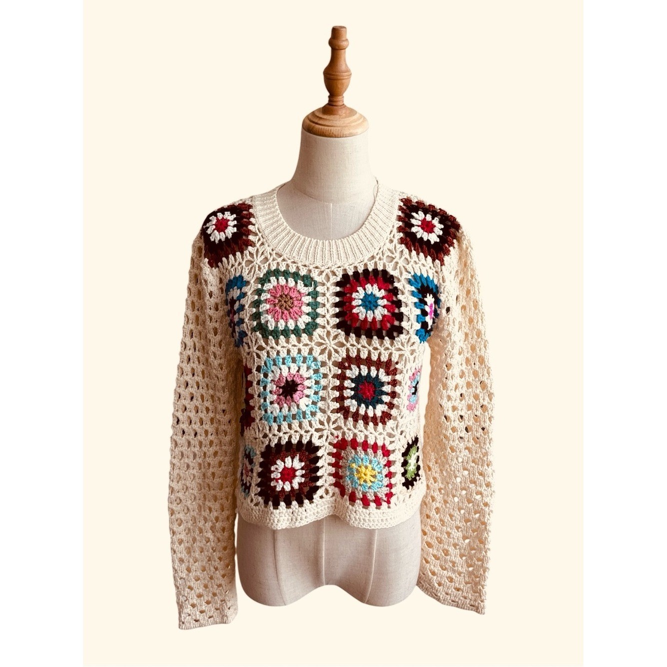 Luna Ivy Granny Square Crochet Crop Sweater Cream Multicolor Boho Size Small