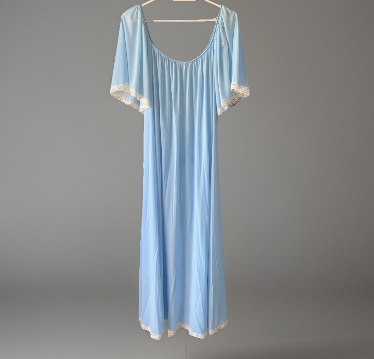 Vintage LUCIE ANN Nightgown Full Length Blue Nylon Flower Appliqué Lace