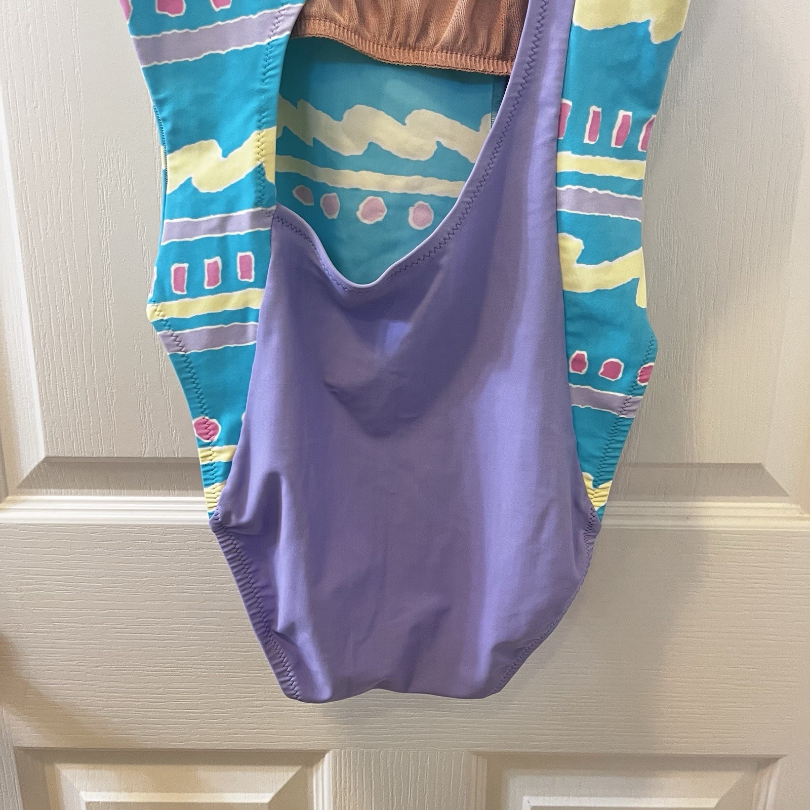 Vintage JAG One Piece Swimsuit Aqua Purple Pastel Abstract High Cut 80s Size 10