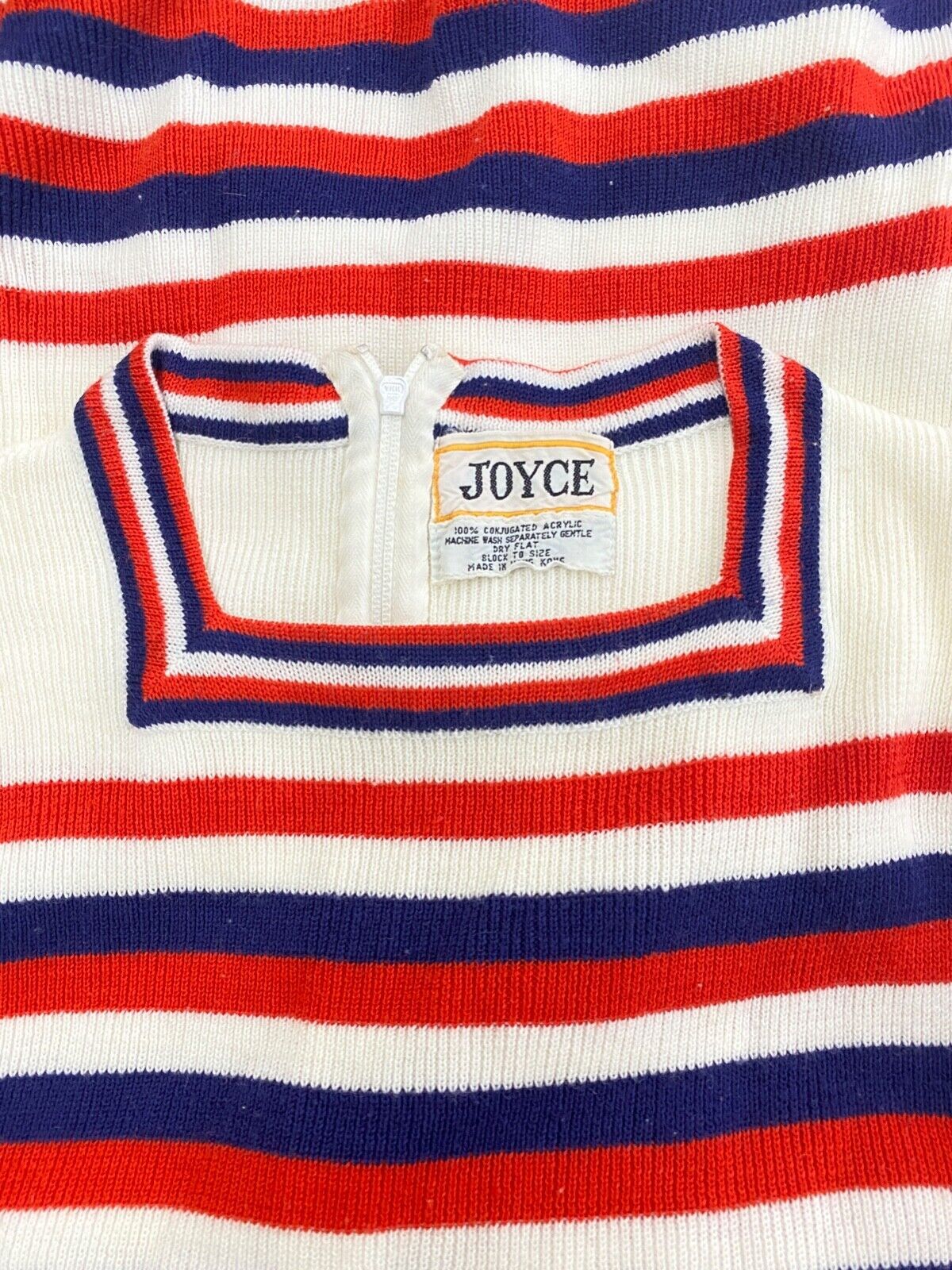 Vintage 1970s white sweater, red blue stripes bell long sleeves boho acrylic S