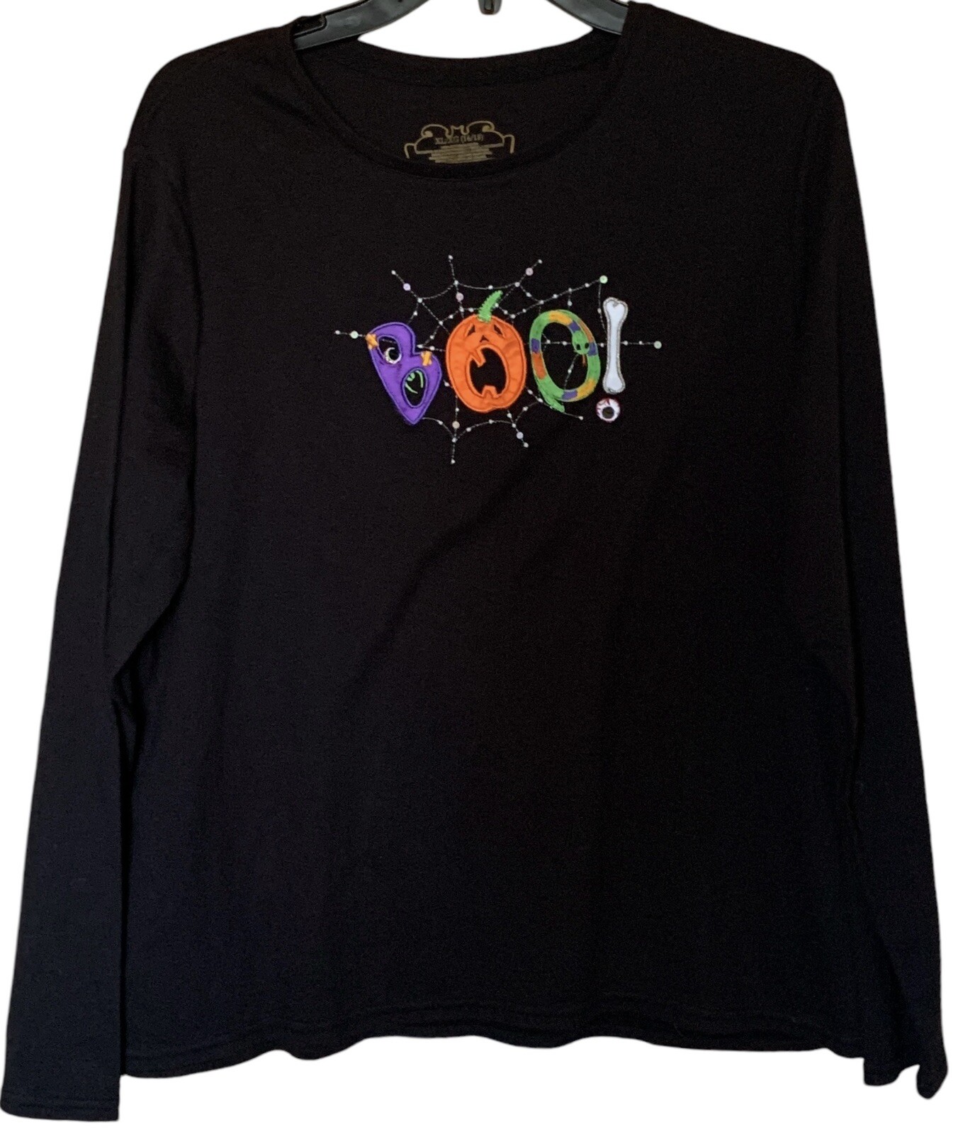 Halloween Tee Black Long Sleeve T-Shirt Women’s Sz-XL 16/18 BOO! Embroidered NEW