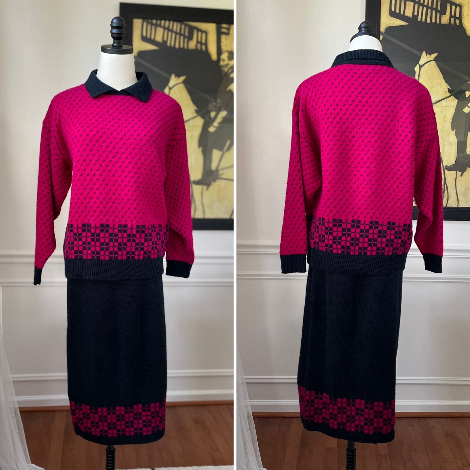 Vintage 80s Boundary Waters Outfit Sweater Skirt Set Fuchsia Black M