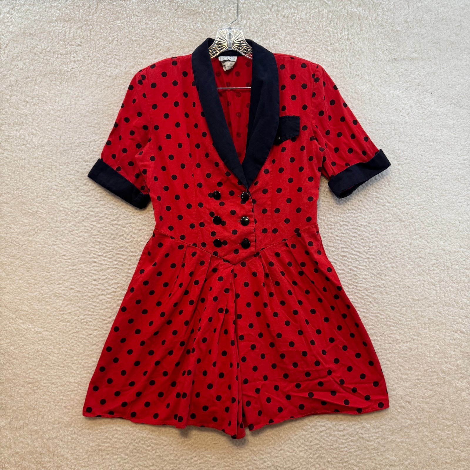 90s Vintage Romper Dress 11 12 Large Red Polka Dot 50s 60s Retro Mod Rockabilly