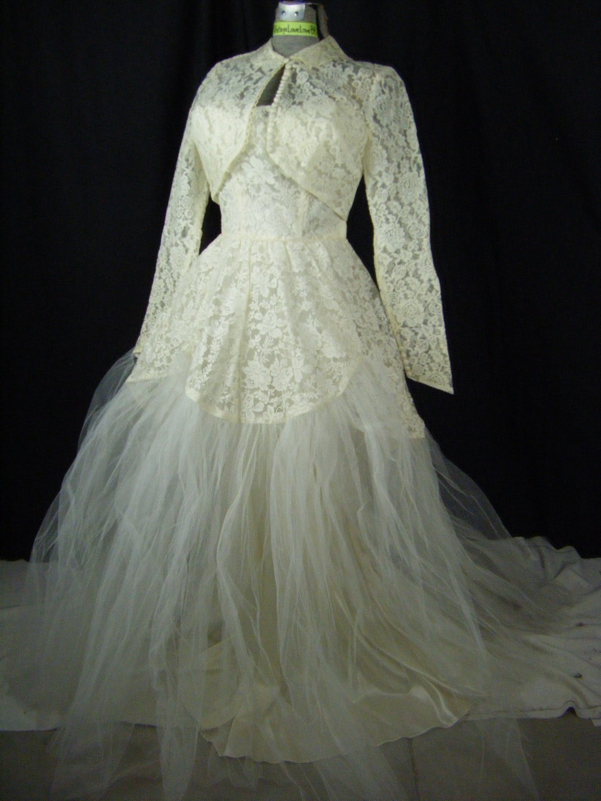 Vtg 50s Ivory Floral Lace Tulle Dress & Bolero in BOX-Bust 33/2XS