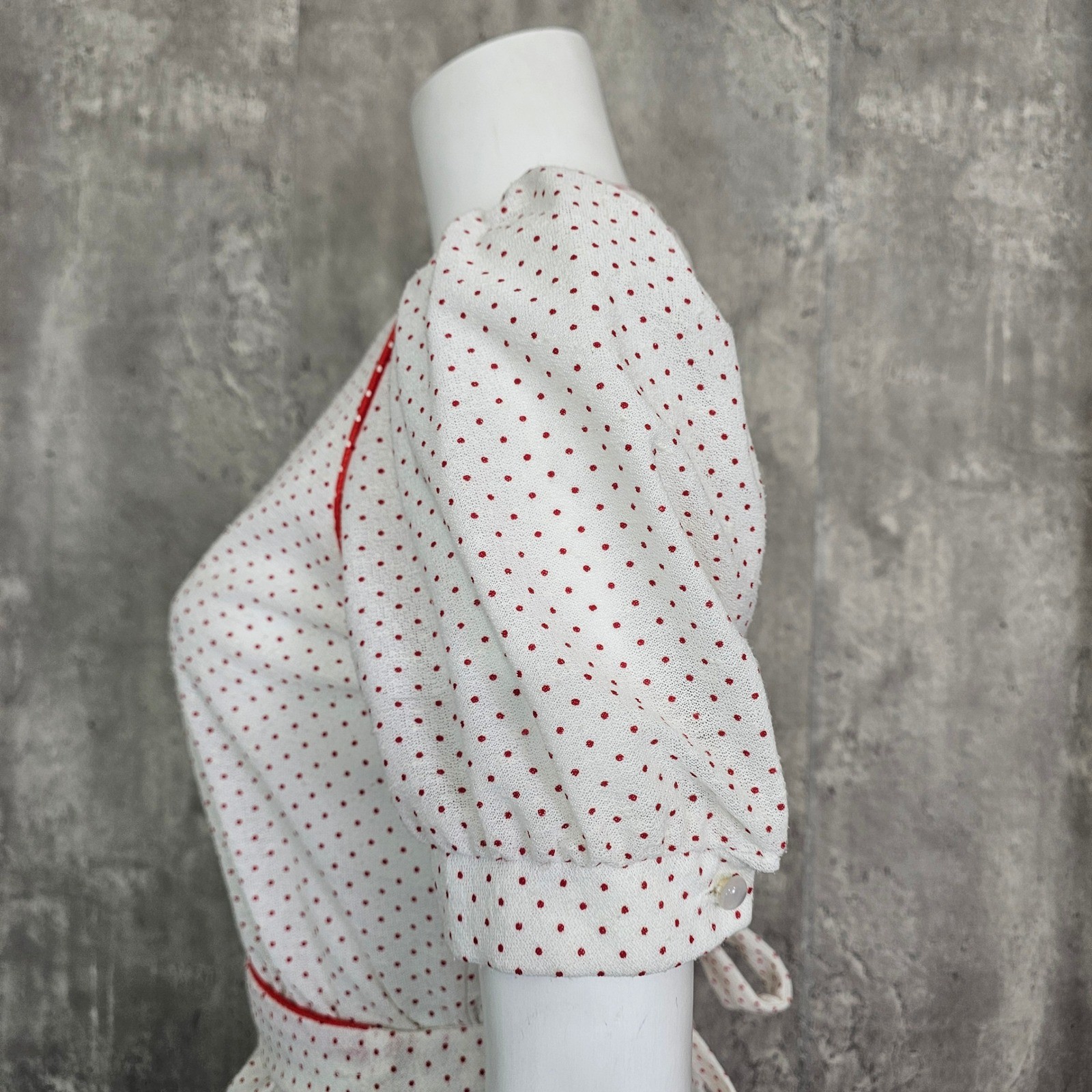 Vintage Sheer Crepe Nylon Red Polka Dot Puff Sleeve Cottagecore Prairie Dress