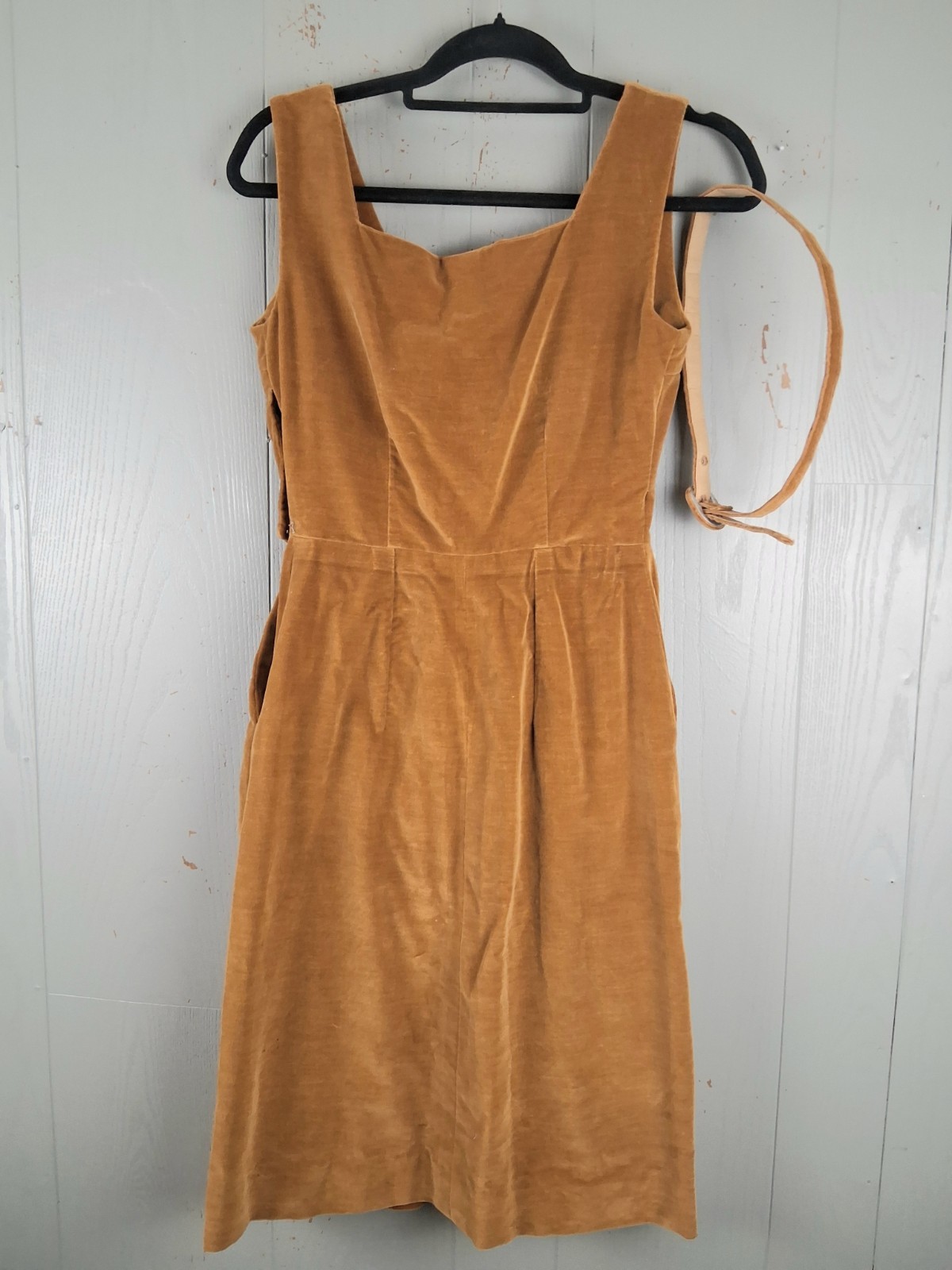 Vintage Handmade 50s Velour Cocktail Dress Belted Honey Color Block Pleats SMALL