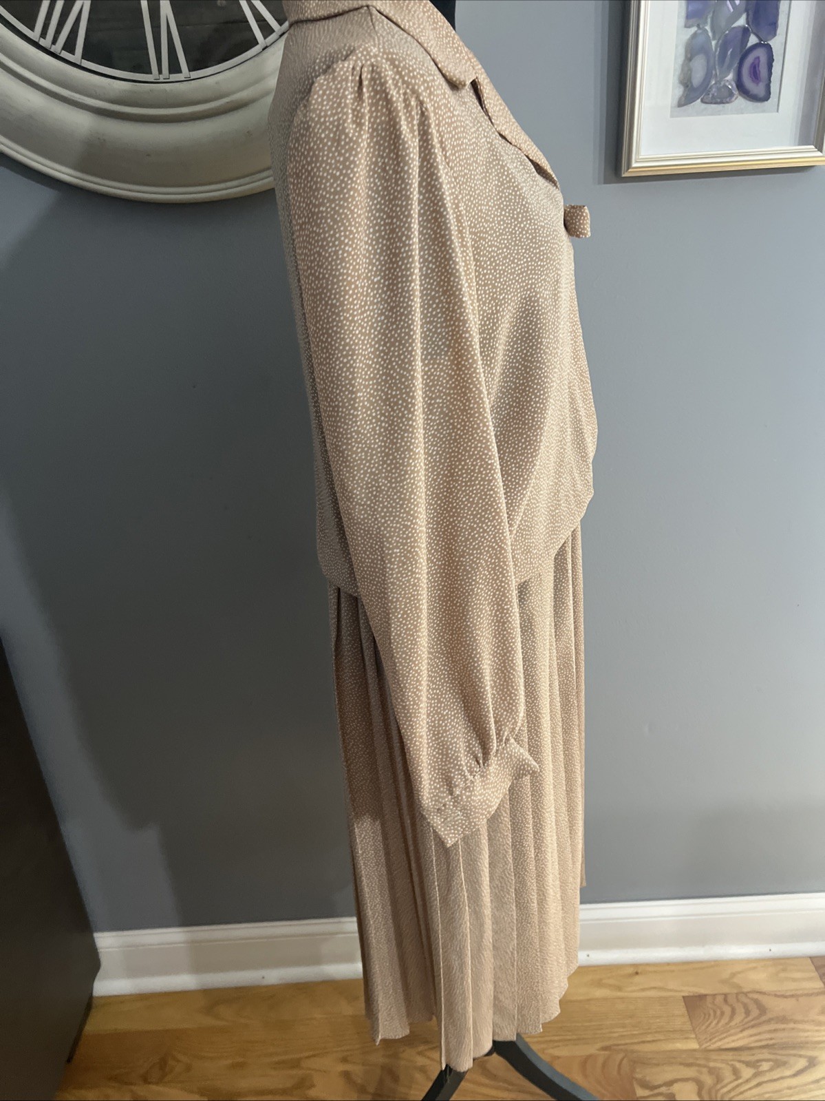Vintage Breli Dress Size 14 Tan Polka Dots White Polyester