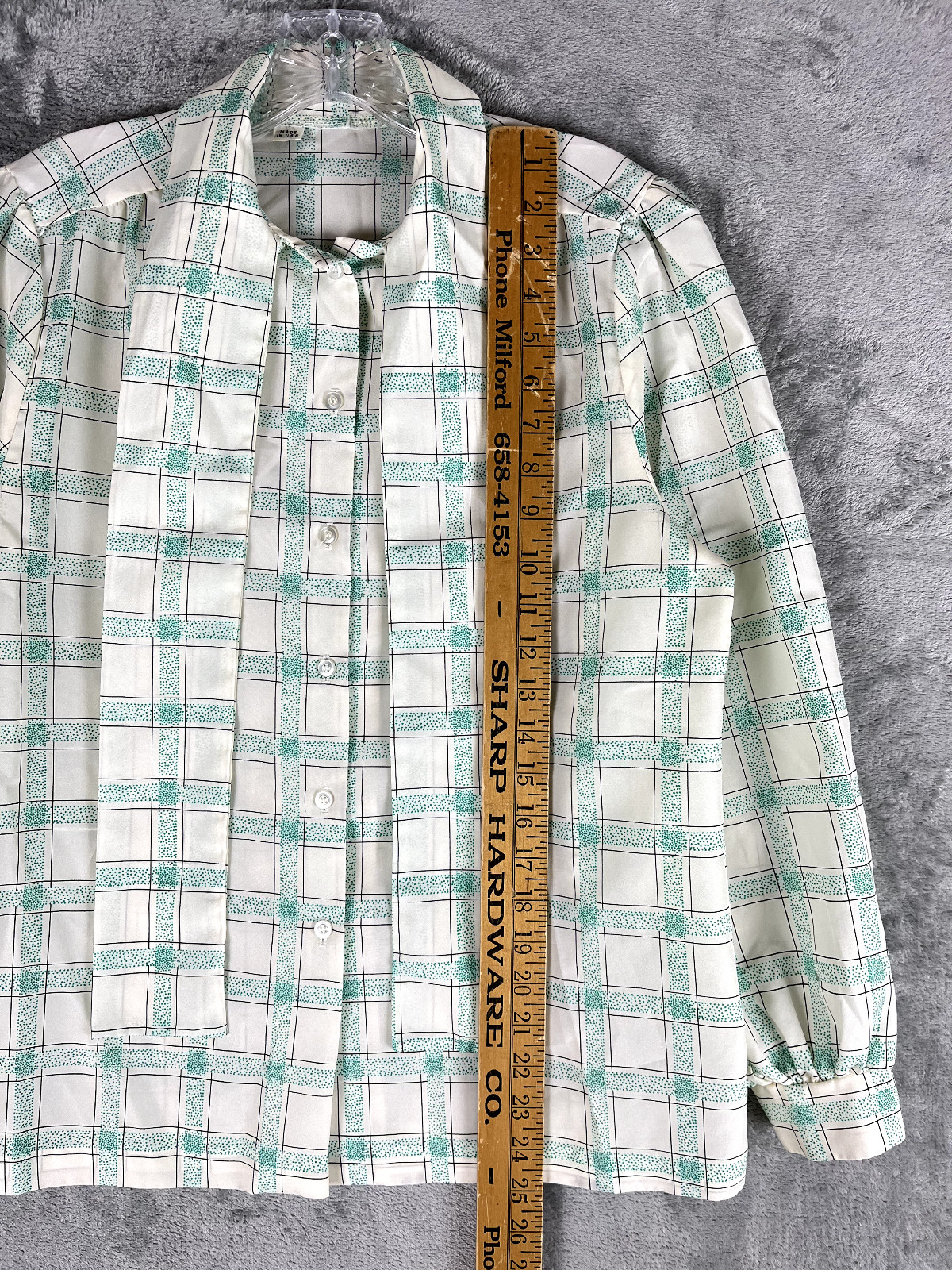 Vintage Pussy Bow Blouse Secretary Geek Medium Made in USA Windowpane Plaid