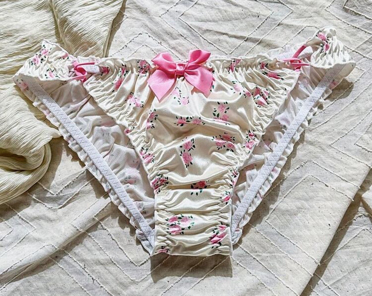 Glossy Ruched Bum Pink 2nd Skin Satin & Floral Bikini Brief Panties XL NEW