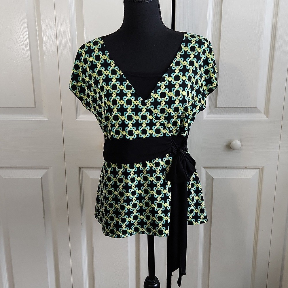 Vintage Briggs New York Black & Green Geometric Chain Babydoll Top Size PM Y2K