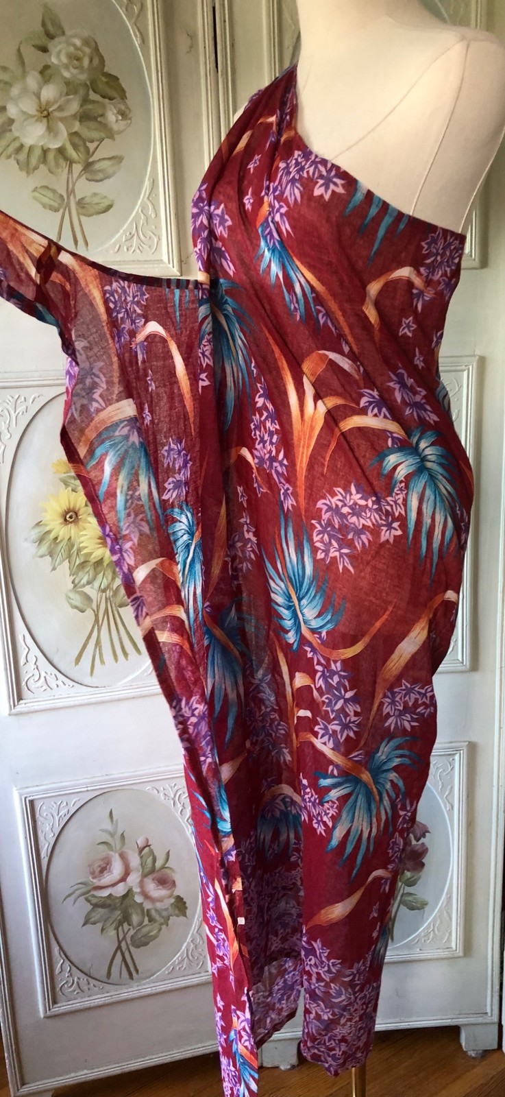 VTG COTTON VOILE SHEER MAROON RED ALOHA SARONG WRAP DRESS BEACH COVER UP FLORAL