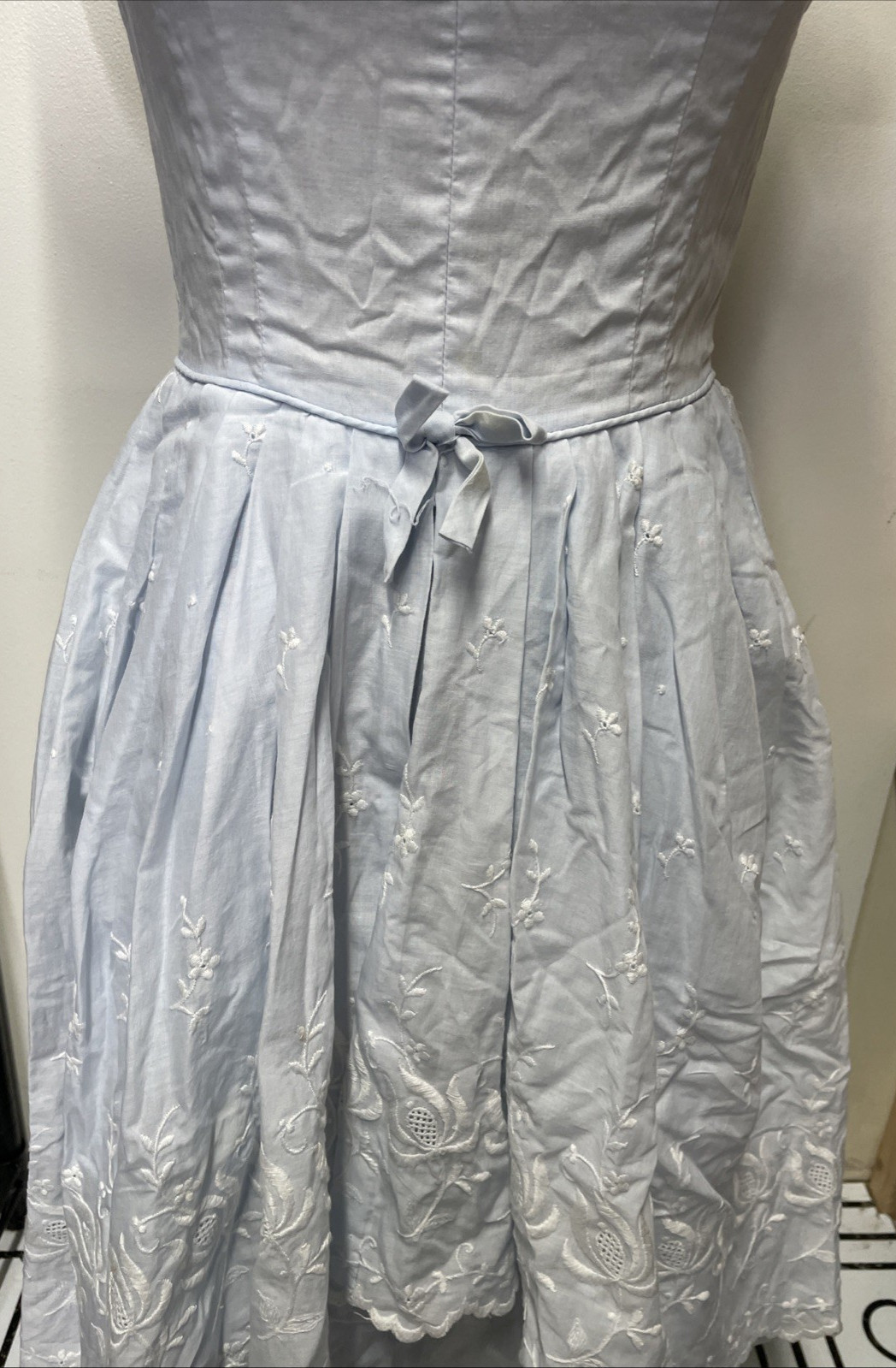 Vtg Blue Cotton Dress W/ Embroidered White Flowers Layered Split Skirt Flowy XS