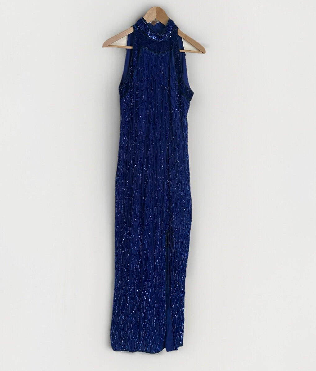 Vintage LAURENCE KAZAR Royal Blue BEADED Sequin Silk HALTER GOWN Long Formal M