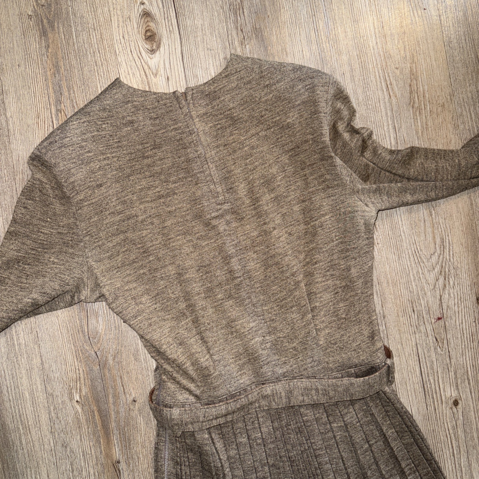 1950s Vintage Lampl Light Brown Dress Pleated Skirt Midi Belted 36 Bust 26 Waist
