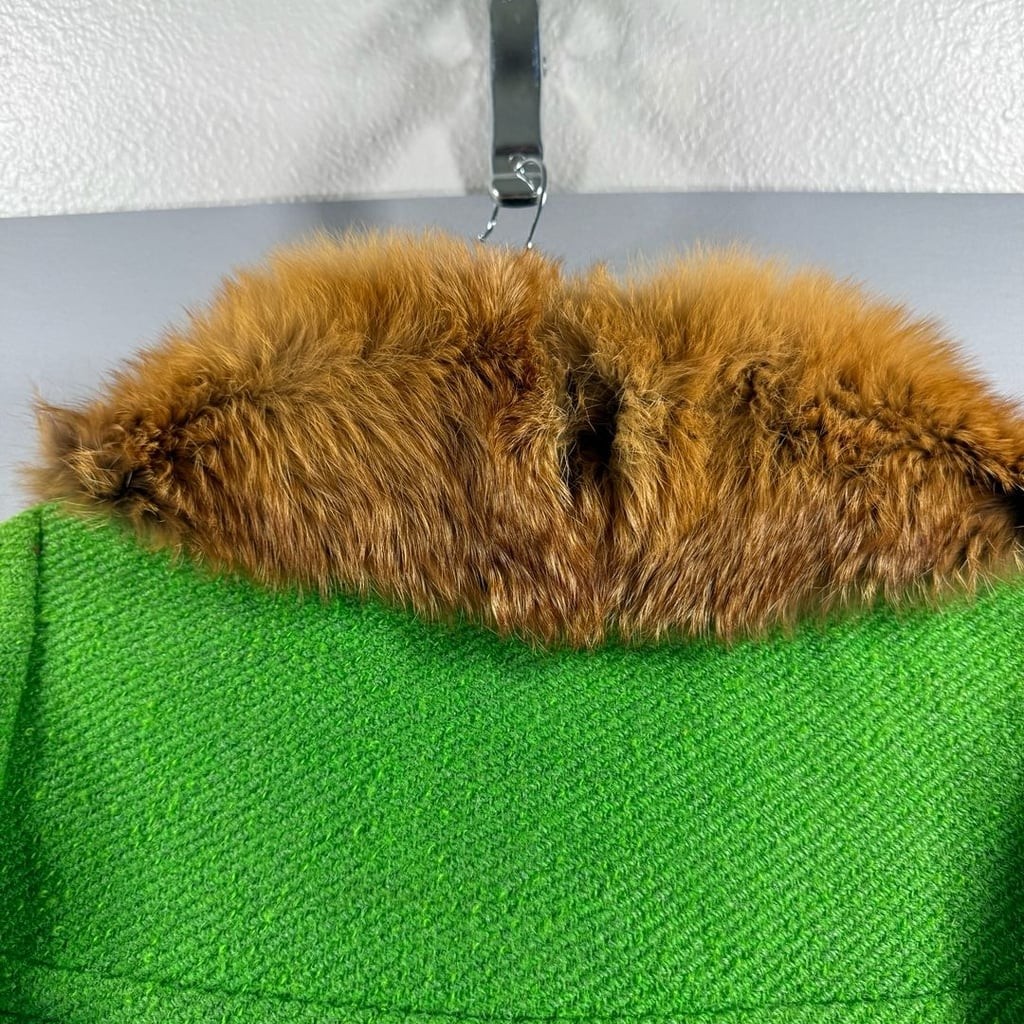 Vintage Green Wool Fur Collar Coat With Yellow Buttons