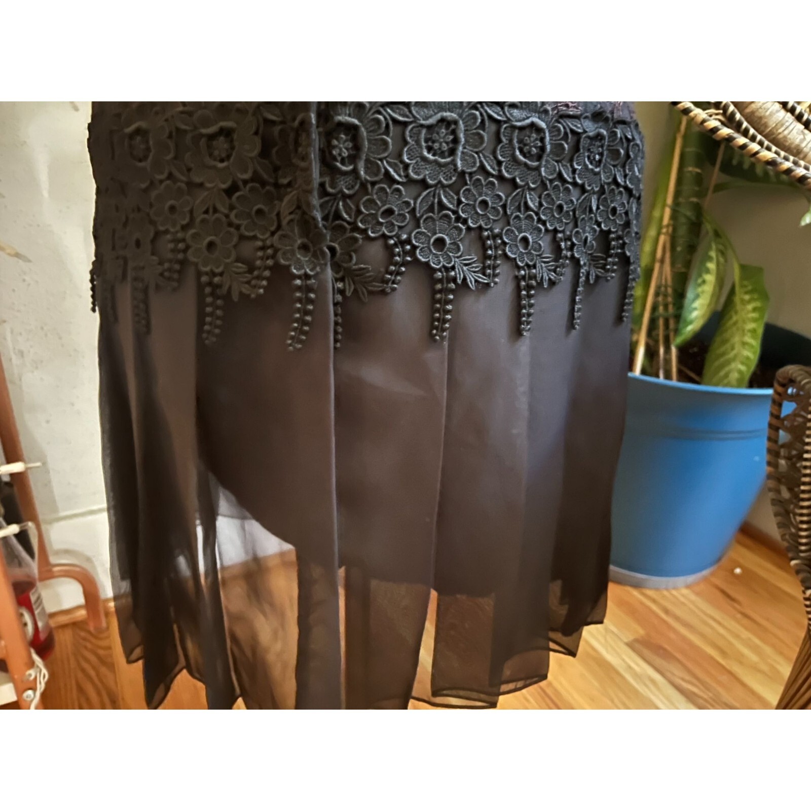 80s-90s Black Beaded Strappy Knee Length Dress with Lace + Chiffon