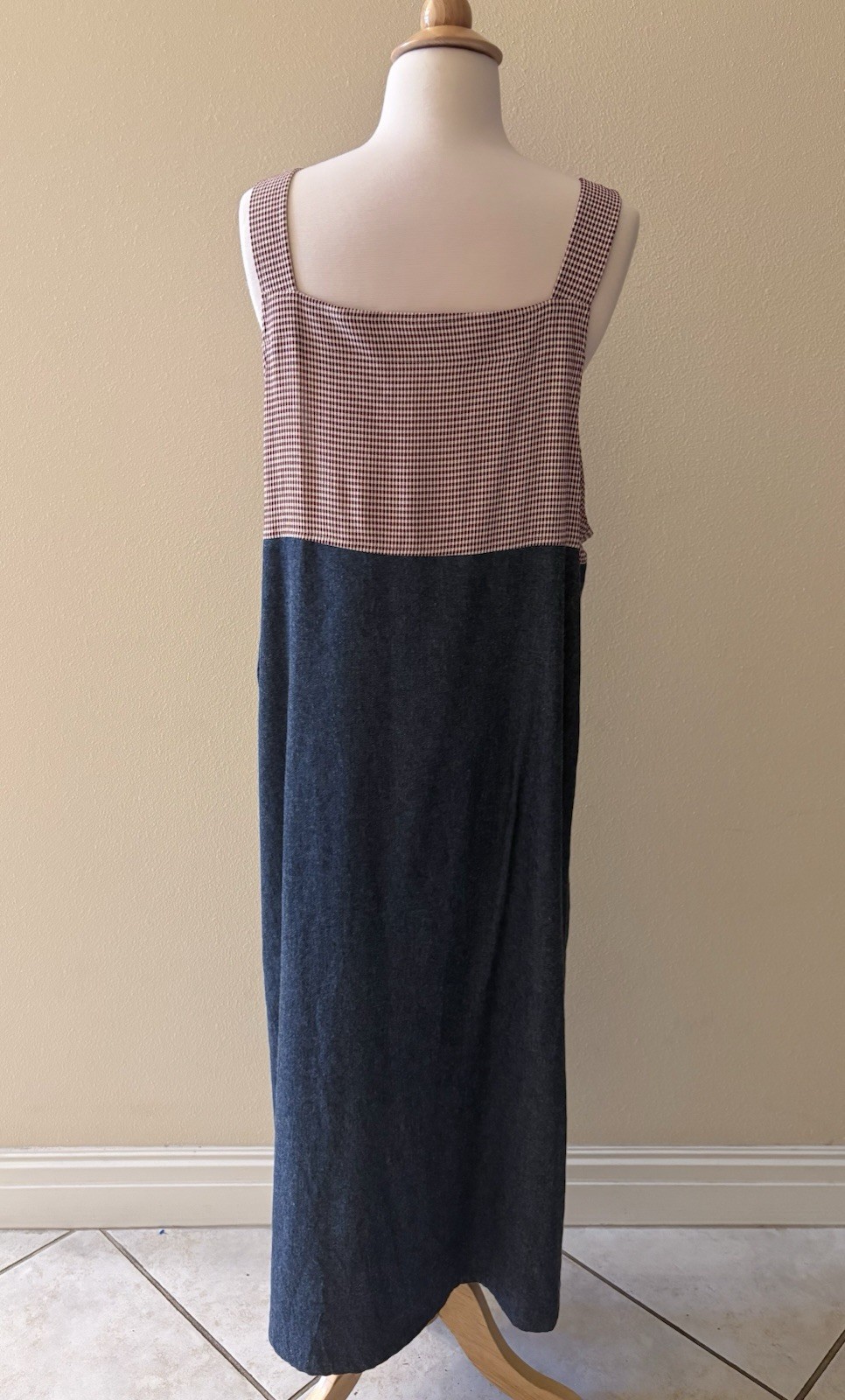Teddi Vintage 90s Overalls Jumper Blue Denim Red Plaid Bird Maxi Dress PL