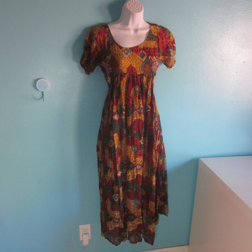 VINTAGE Sita Boho Floral Cotton Lined Midi Dress Womens Size S Fit Flare NEPAL