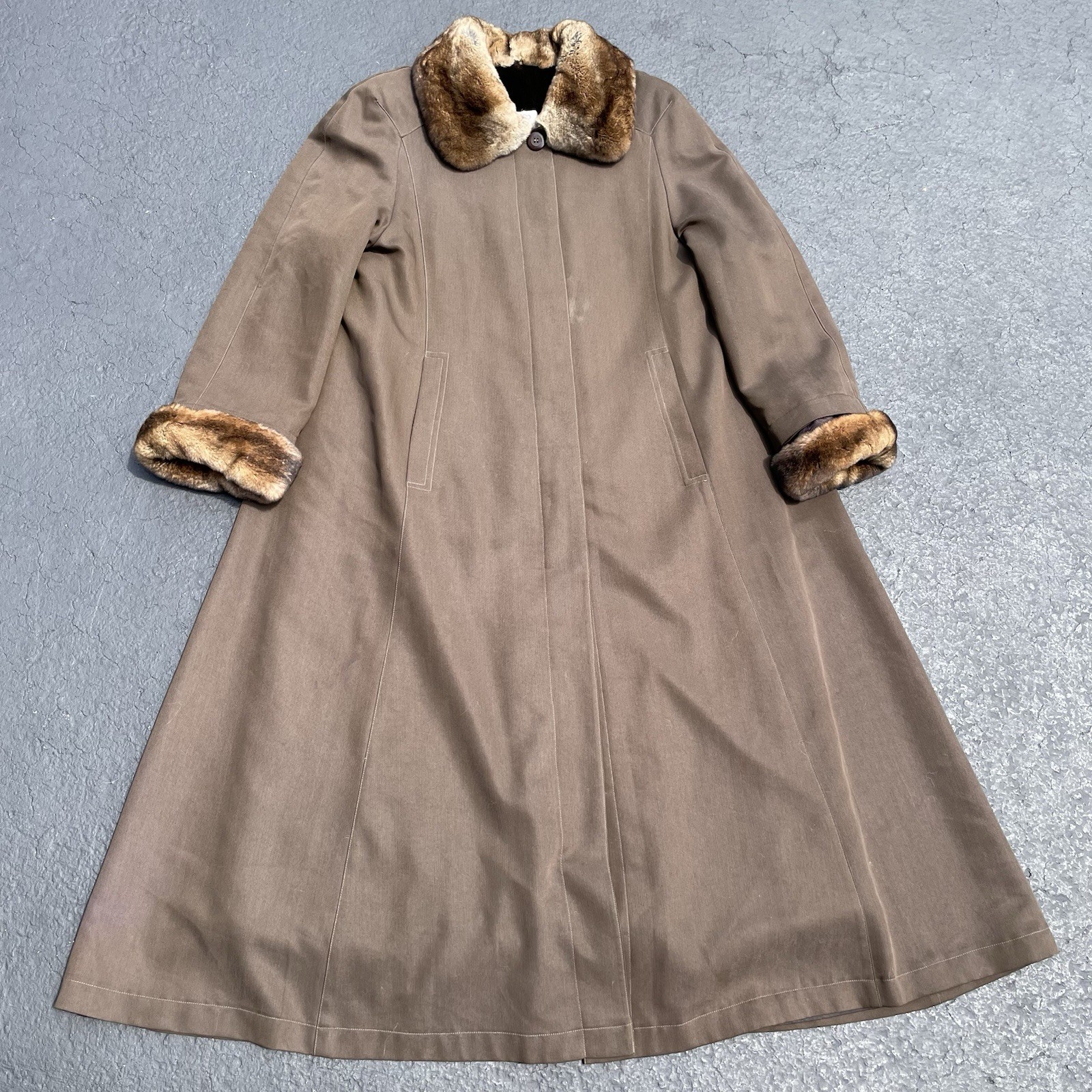 Vintage Marisa Minicucci Duster Coat Womens 14 Brown Rabbit Fur Lined Button