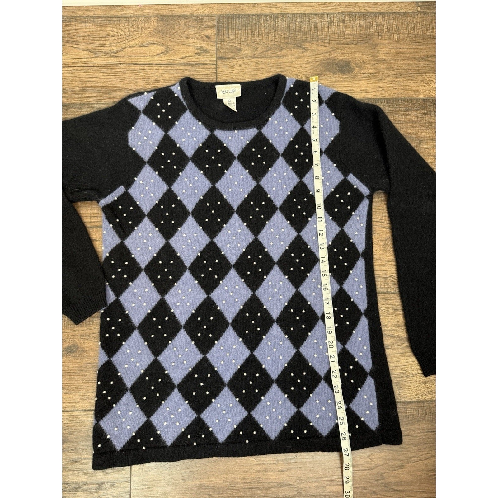 Vintage Lambswool Angora Rabbit Sweater Black Blue Plaid Beaded Women’s Sz Large