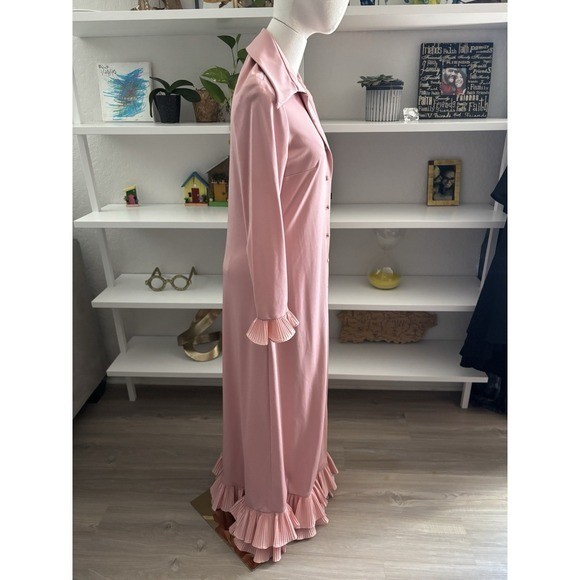 Vintage Pink Button Front Maxi Duster Robe Dress Pleated Ruffle Trim Long Sleeve