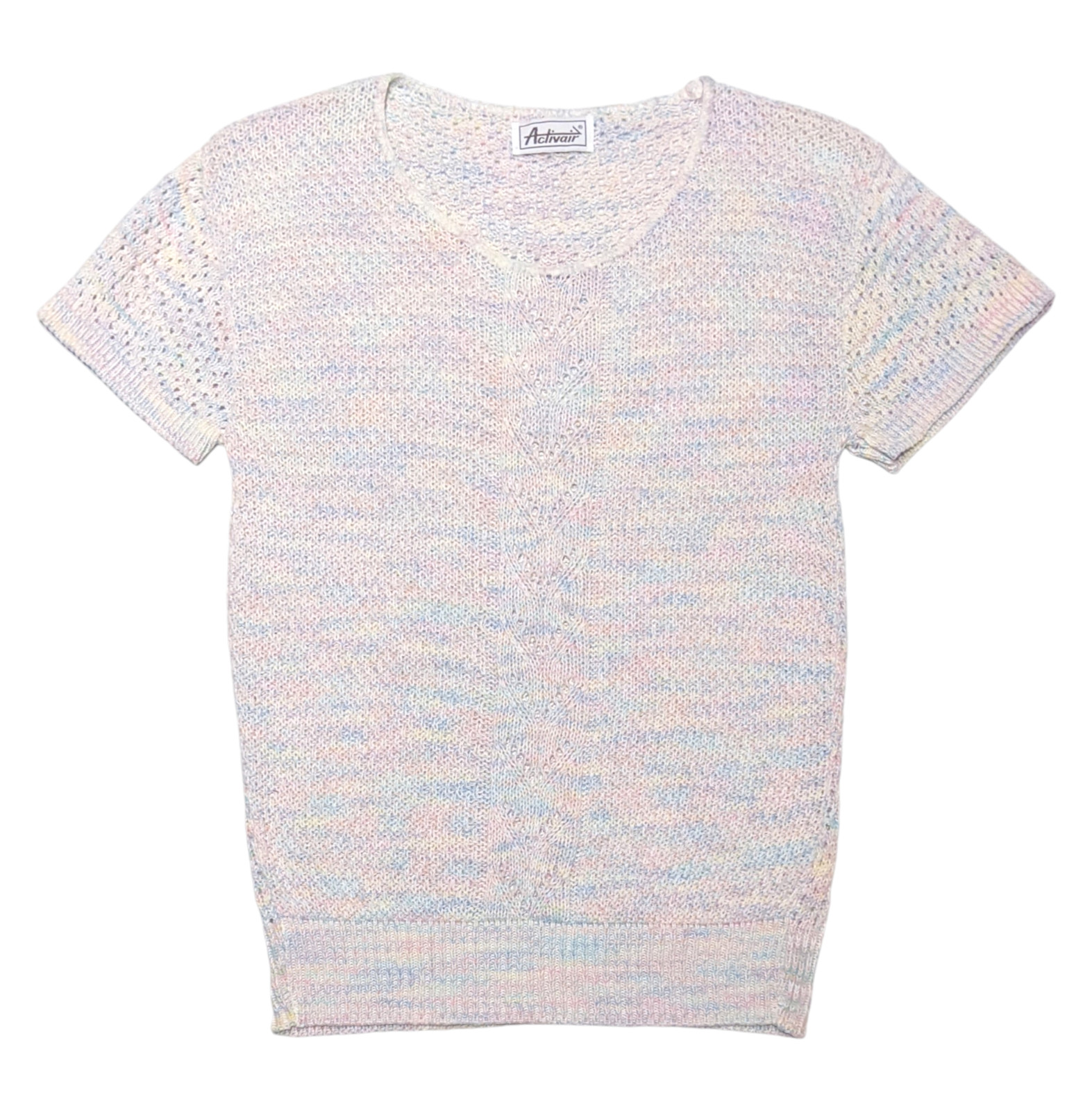 Vintage 1980s Activair Rainbow Pastel Knit Short Sleeve Sweater Womens XS Preppy