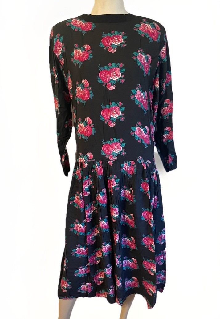 Vintage 80s Peppers Black Pink Rose Print Midi Dress M Rayon Drop Waist LS