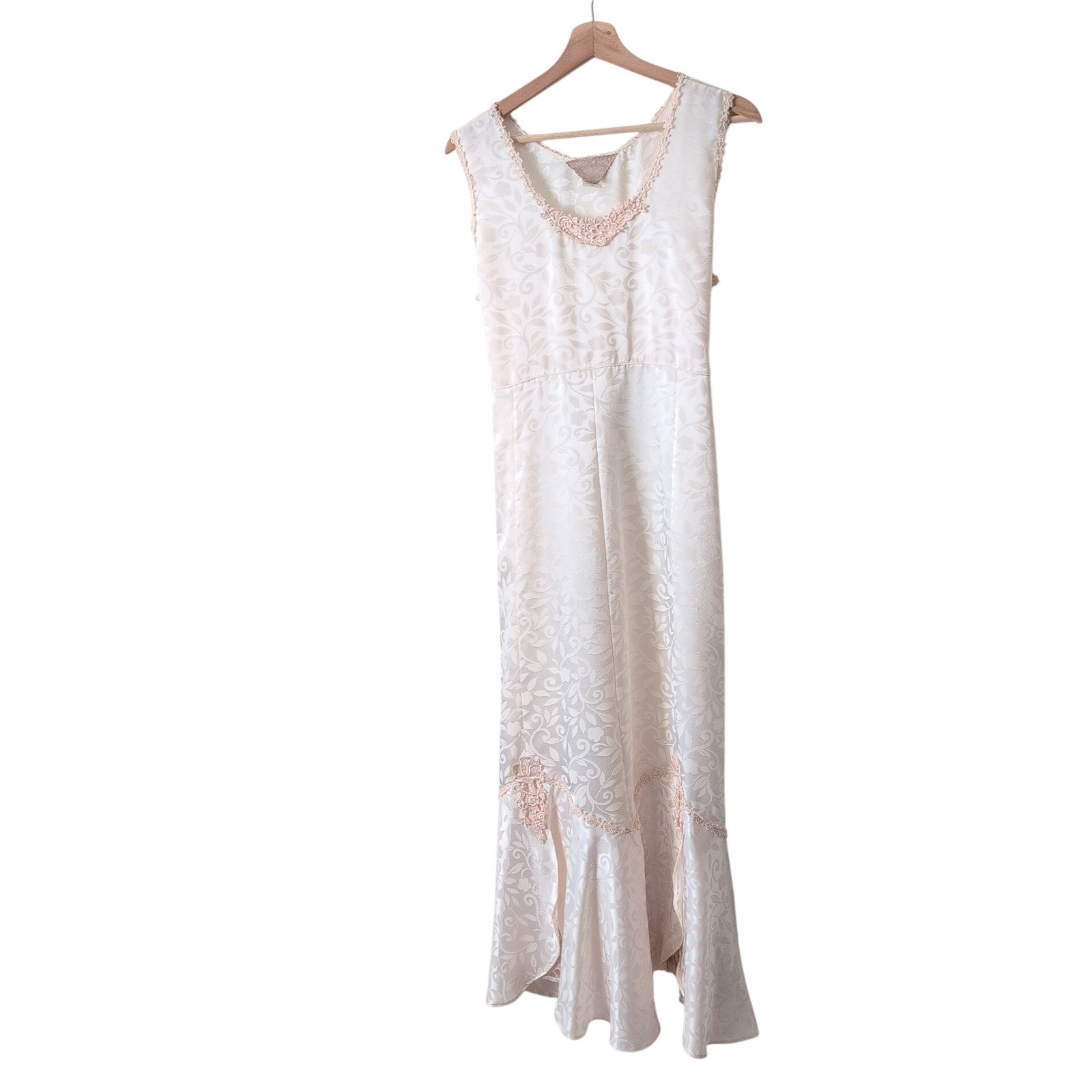 Pat Dahnke Vintage Custom Made Cream Satin Silk Lace Maxi Dress M Whimsy Fairy
