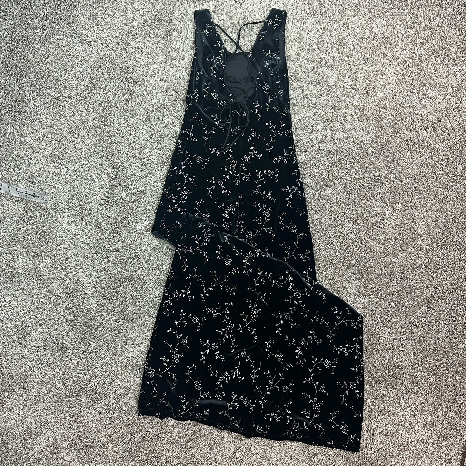 Vintage My Michelle Y2K Long Black Velvet Dress Metallic Floral Lace Back Small