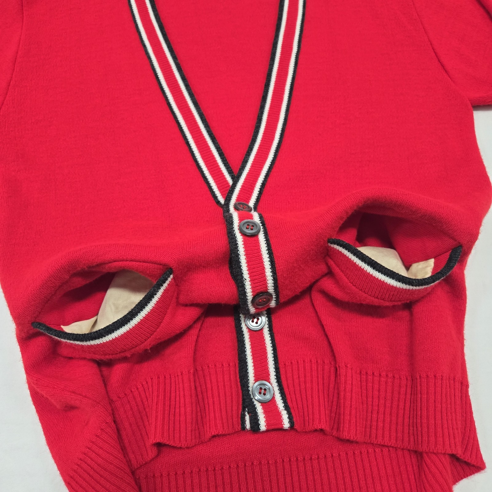 S/M Vintage Interlock Orlon Red Sweater Button Cardigan 100% Virgin Du Pont 60s