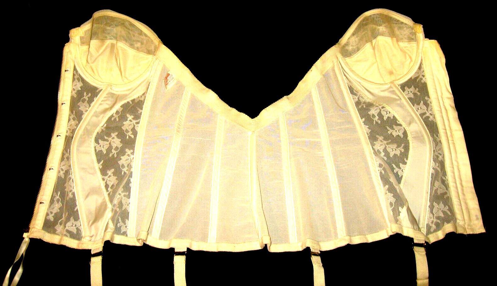 VtG 60s FORMFIT Pinup Corset White Sheer Lace Satin Full-Zip Girdle Garters 36C