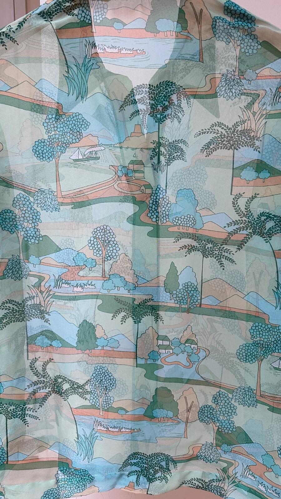 Sheer Button Down Shirt Aqua Dreamy Print Elegant Leisure Translucent Retro (M)