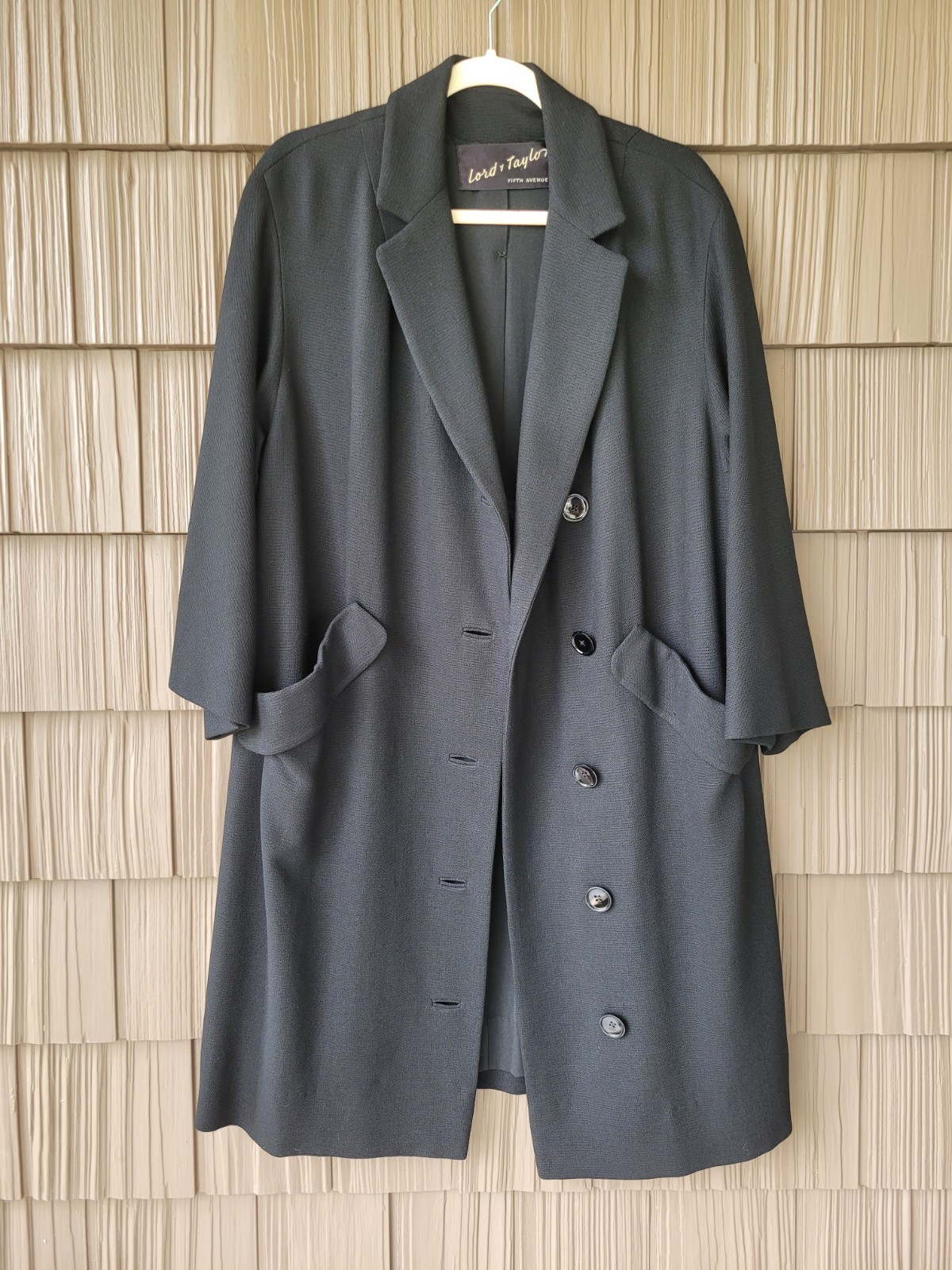 50s? Lord & Taylor Dress Coat Black Forstmann 100% Virgin Wool Large L?