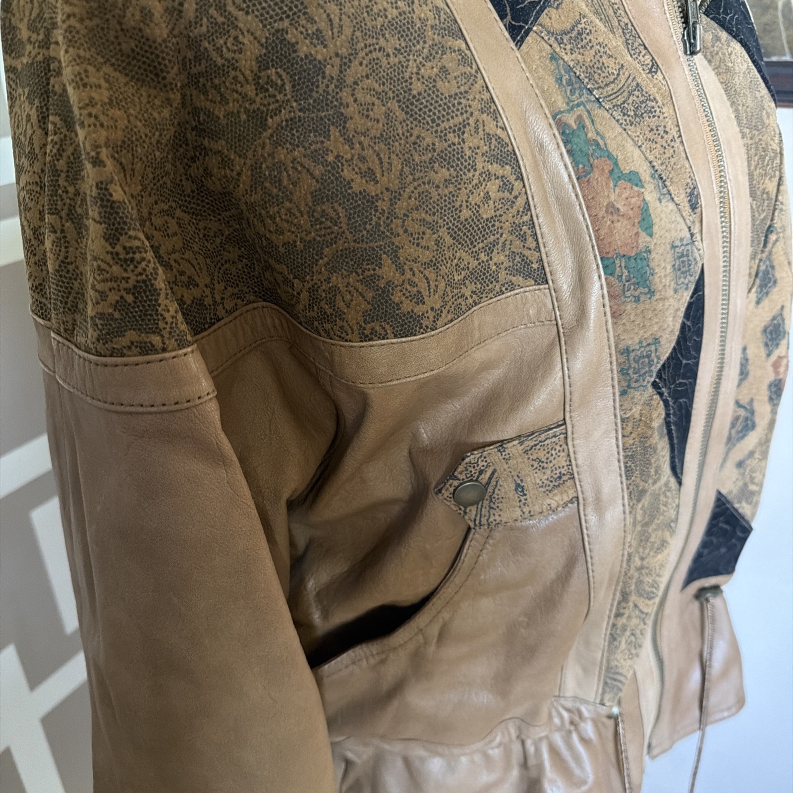 Vtg Jay Jacobs Leather Bomber Jacket 1980s, Patchwork Printed Sz M UNIQUE & COOL