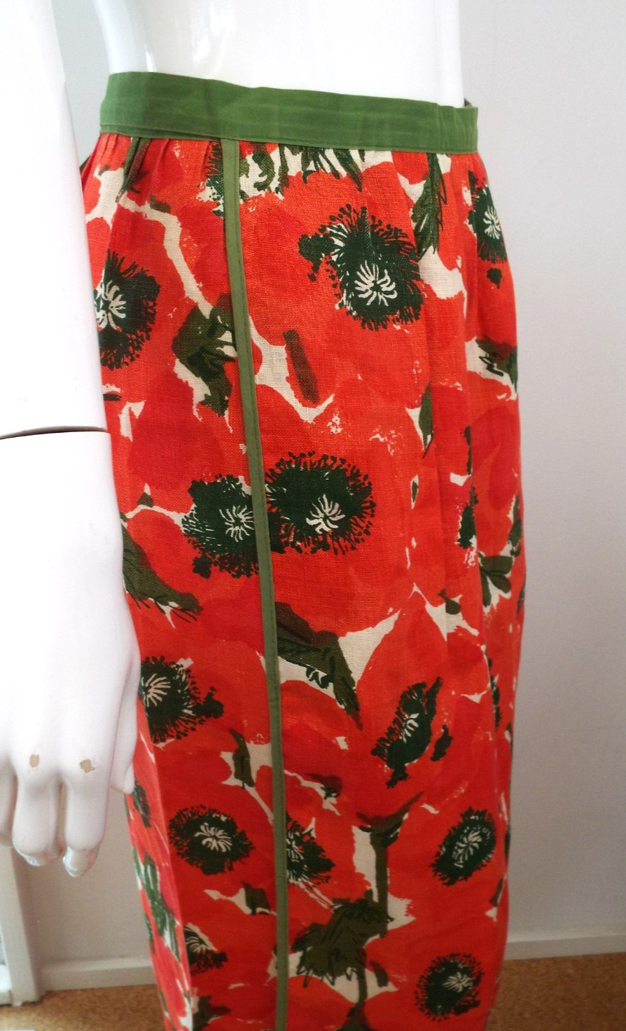 VTG Vera Neumann Cotten Linen Hostess Wrap Skirt PERFECT Poppy Red Green Floral